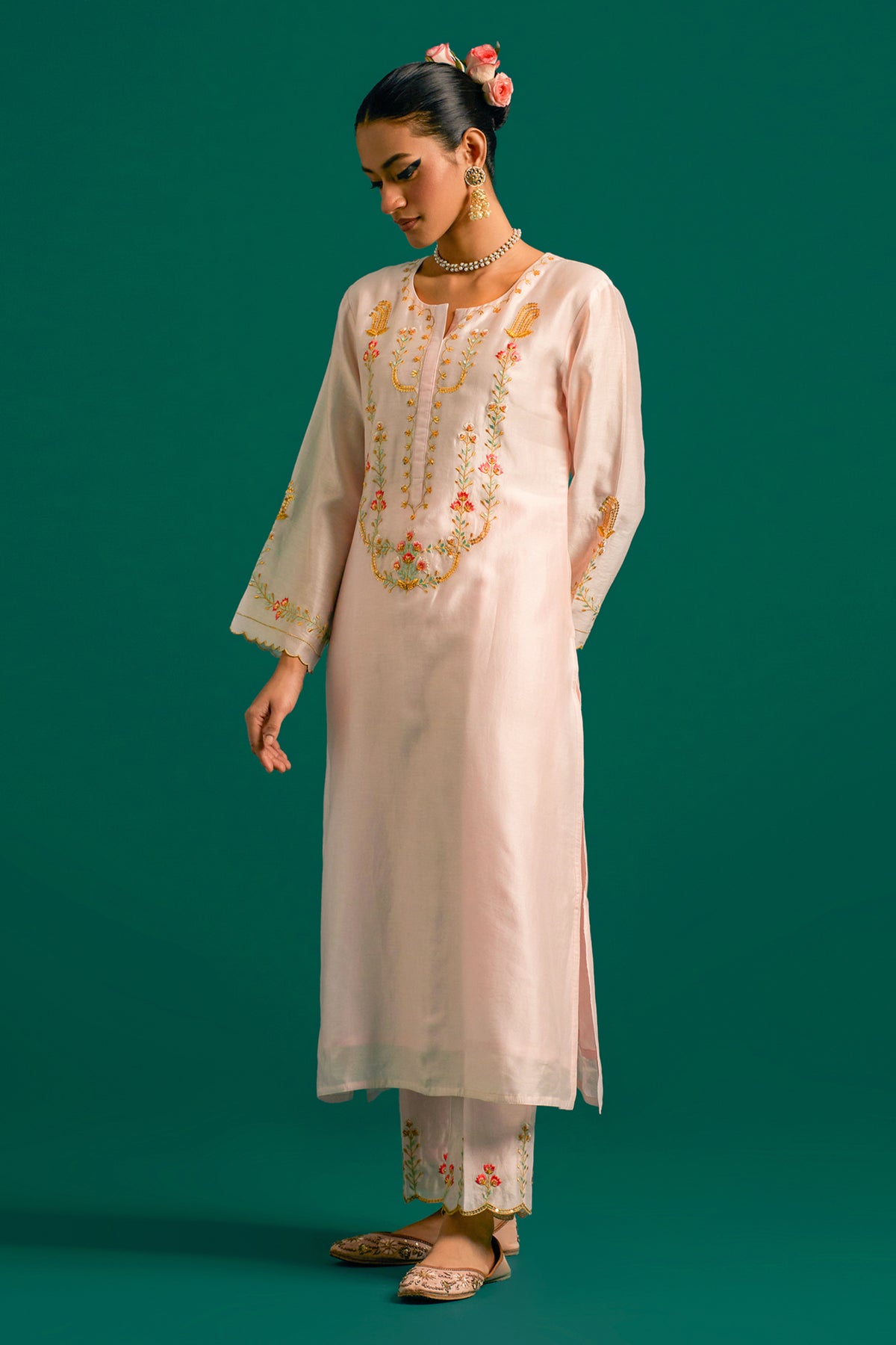 Pink Silk Chanderi Kurta and Pant With Green Dupatta