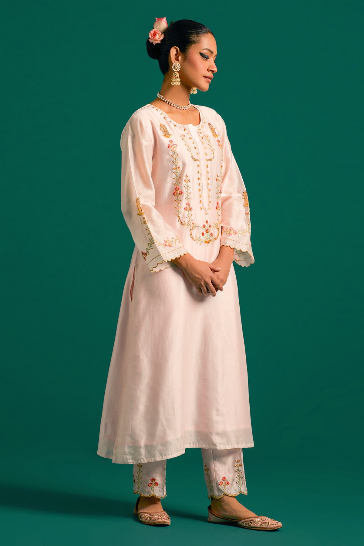 Pink Silk Chanderi Kurta and Pant With Green Dupatta
