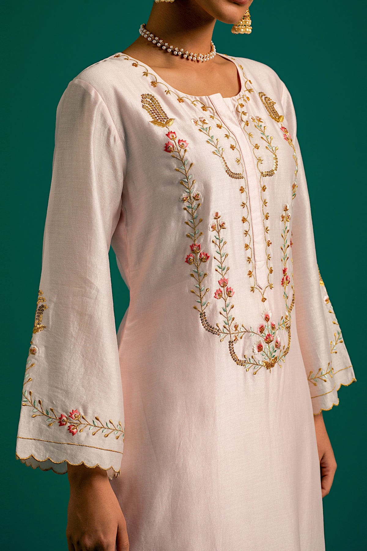 Pink Silk Chanderi Kurta and Pant With Green Dupatta