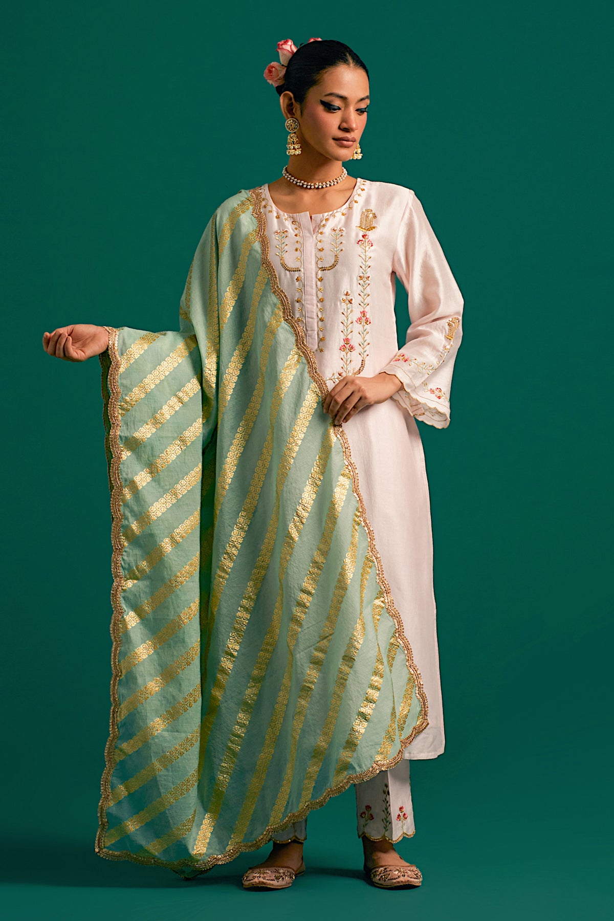 Pink Silk Chanderi Kurta and Pant With Green Dupatta