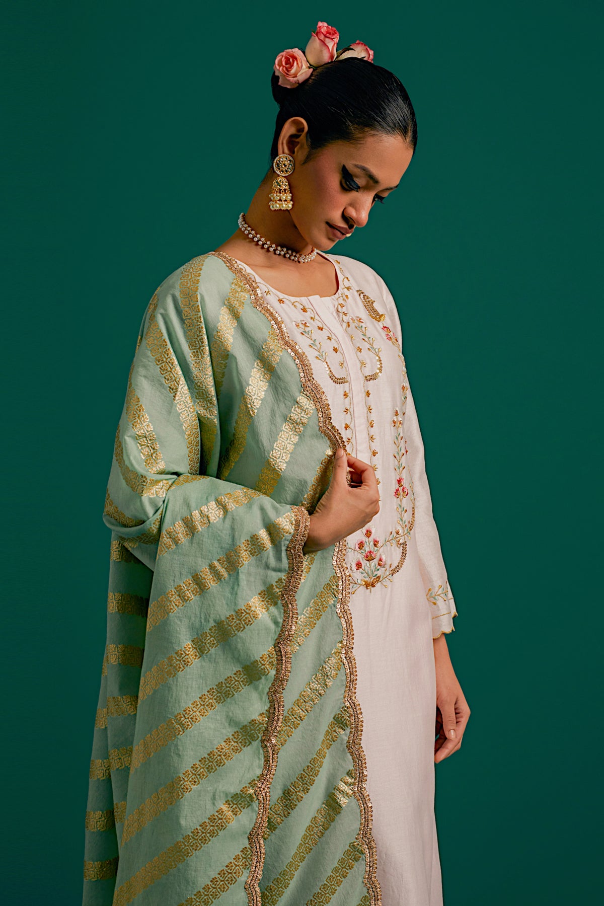Pink Silk Chanderi Kurta and Pant With Green Dupatta
