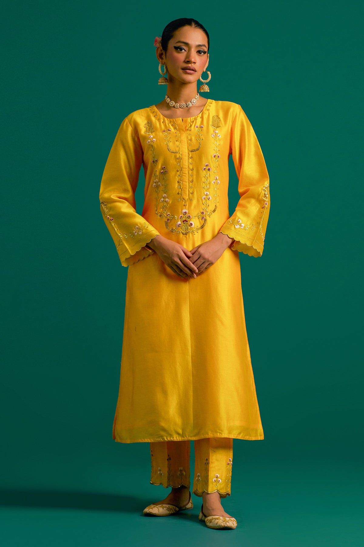 Yellow Silk Chanderi Kurta Set With Wine Dupatta