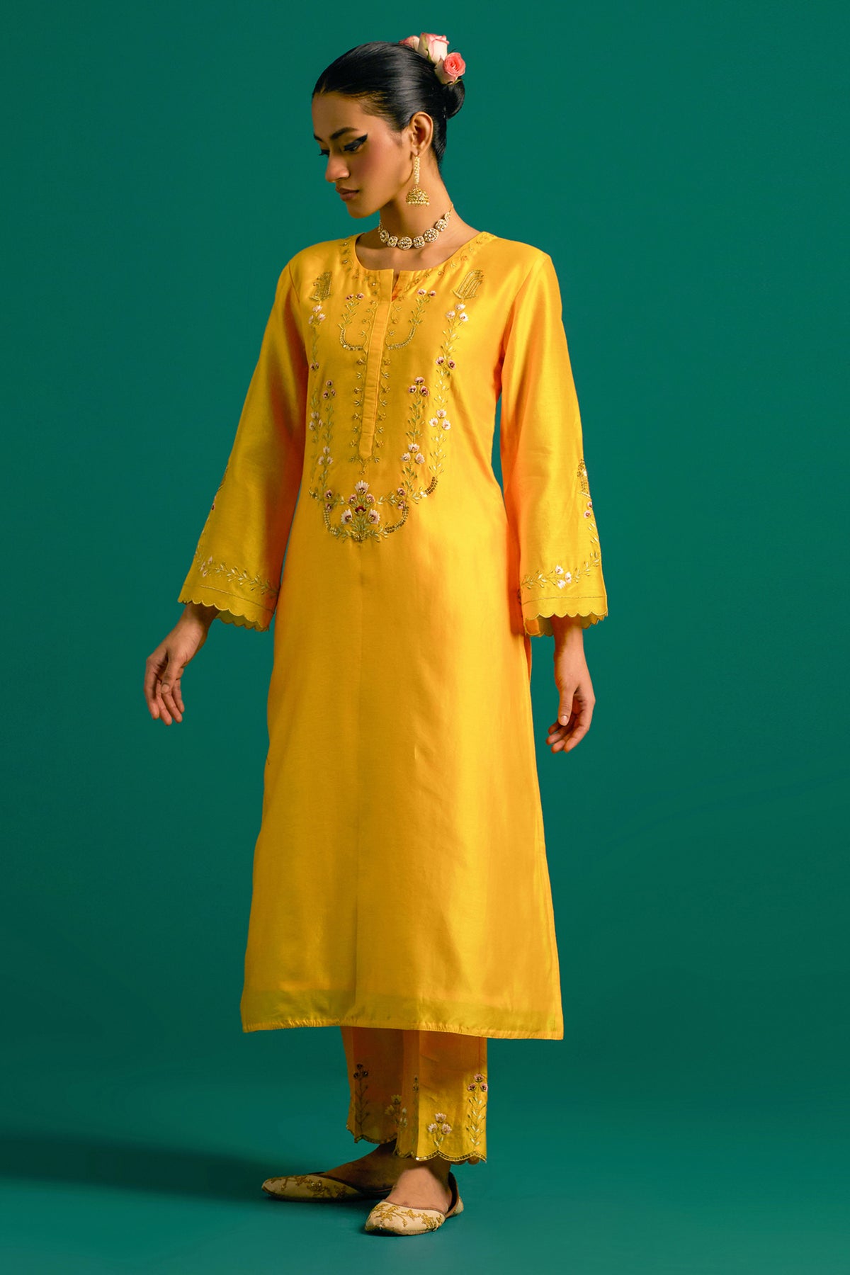 Yellow Silk Chanderi Kurta Set With Wine Dupatta