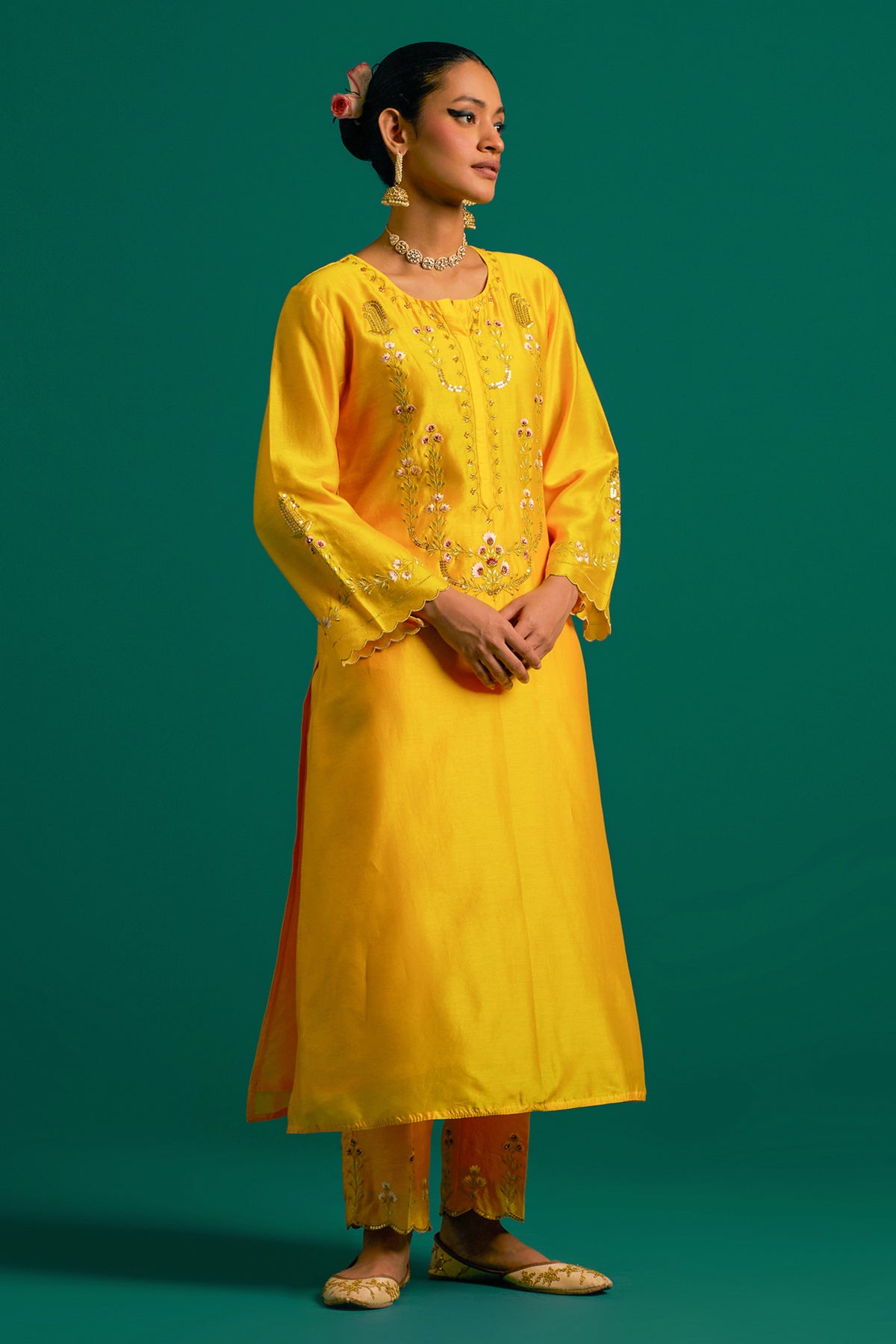 Yellow Silk Chanderi Kurta Set With Wine Dupatta