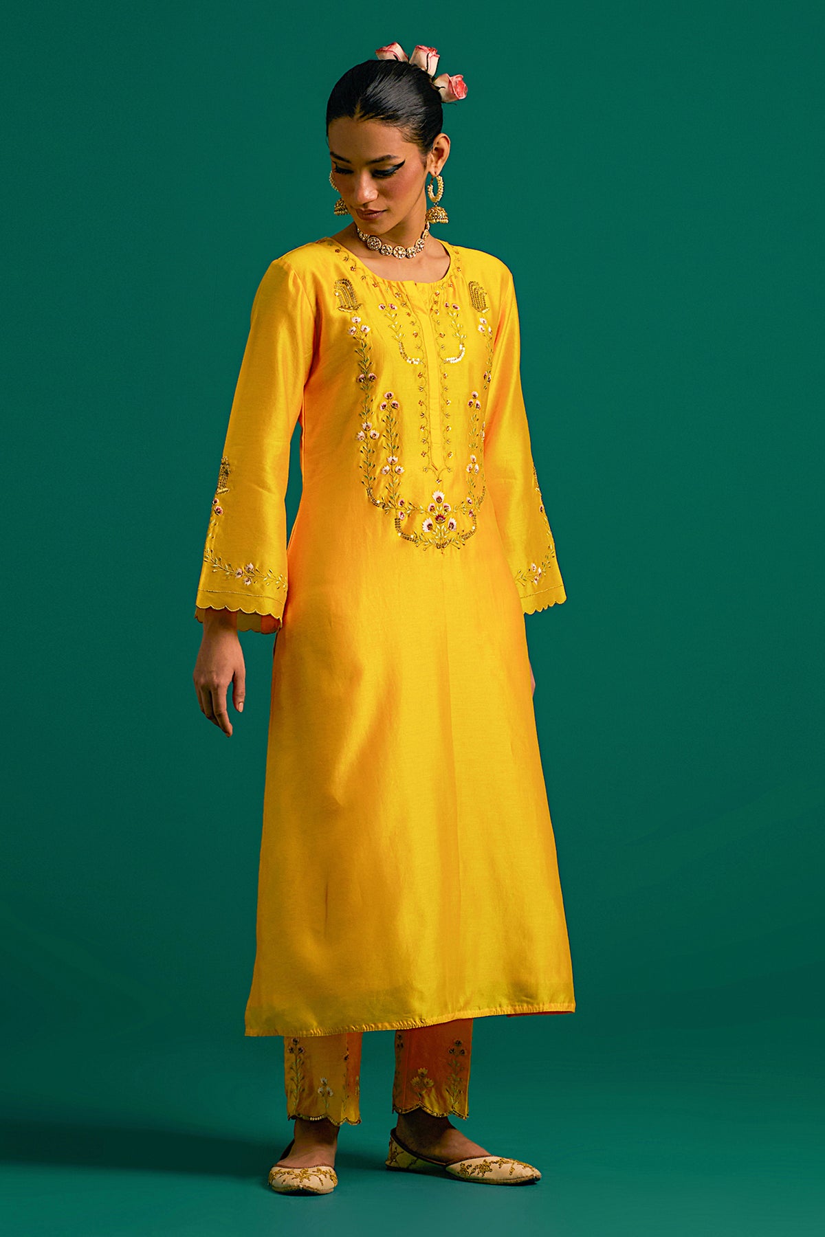 Yellow Silk Chanderi Kurta Set With Wine Dupatta