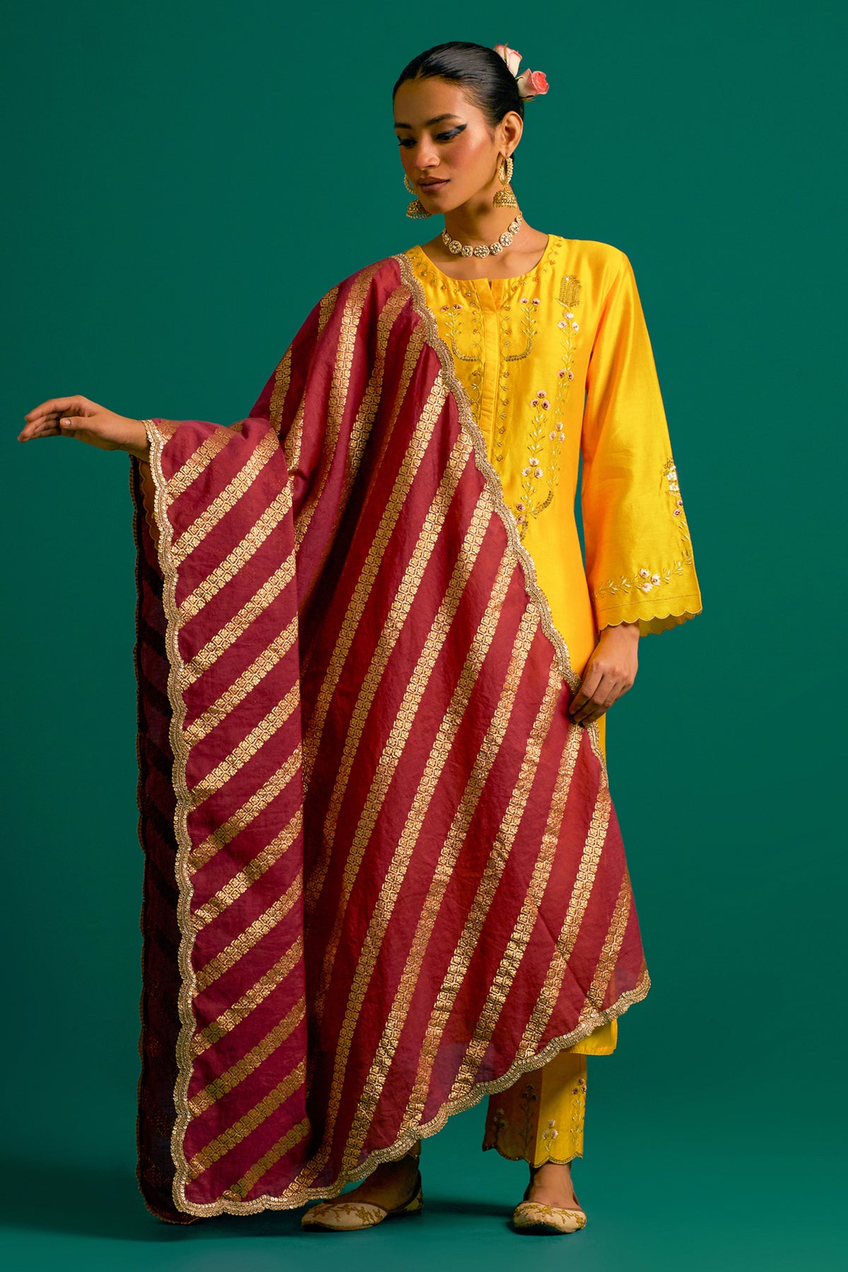 Yellow Silk Chanderi Kurta Set With Wine Dupatta