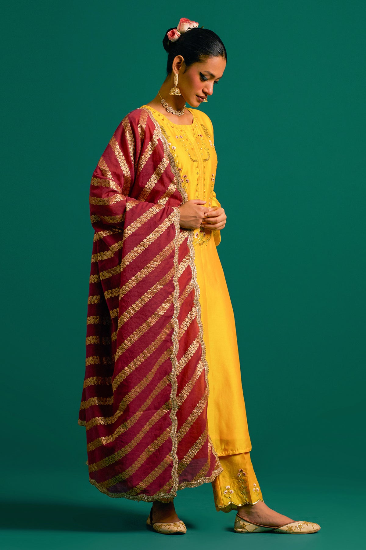 Yellow Silk Chanderi Kurta Set With Wine Dupatta