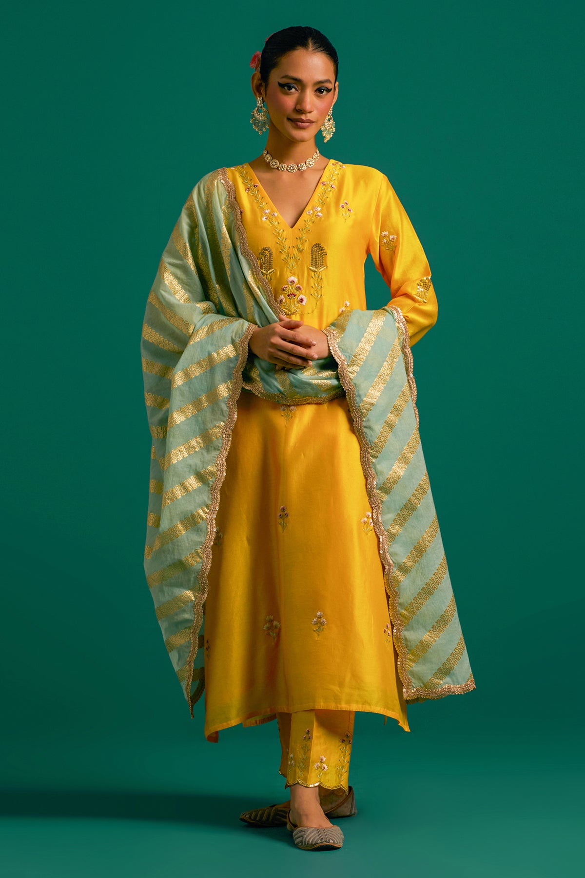 Yellow V Neck  Silk Chanderi Kurta Set With Green Dupatta