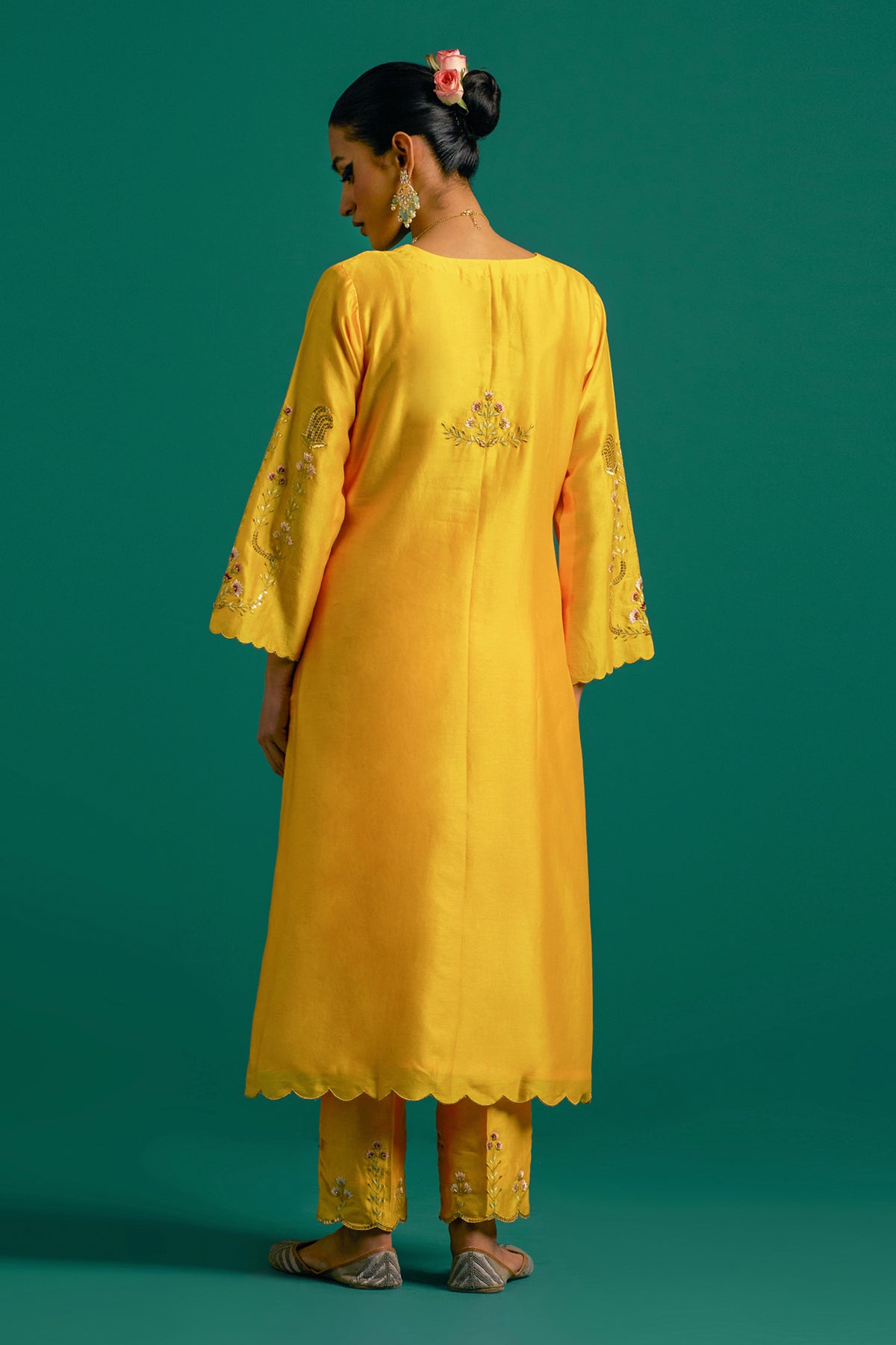 Yellow Silk Chanderi Kurta Set With Wine Dupatta