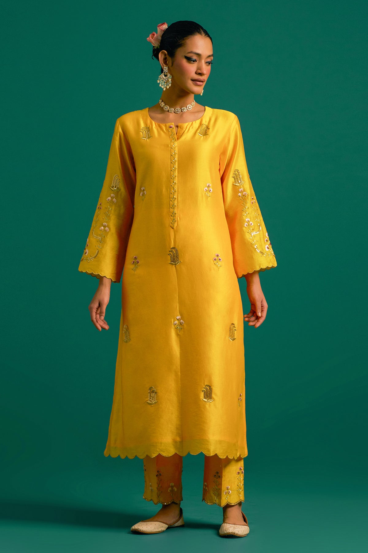 Yellow Silk Chanderi Kurta Set With Wine Dupatta