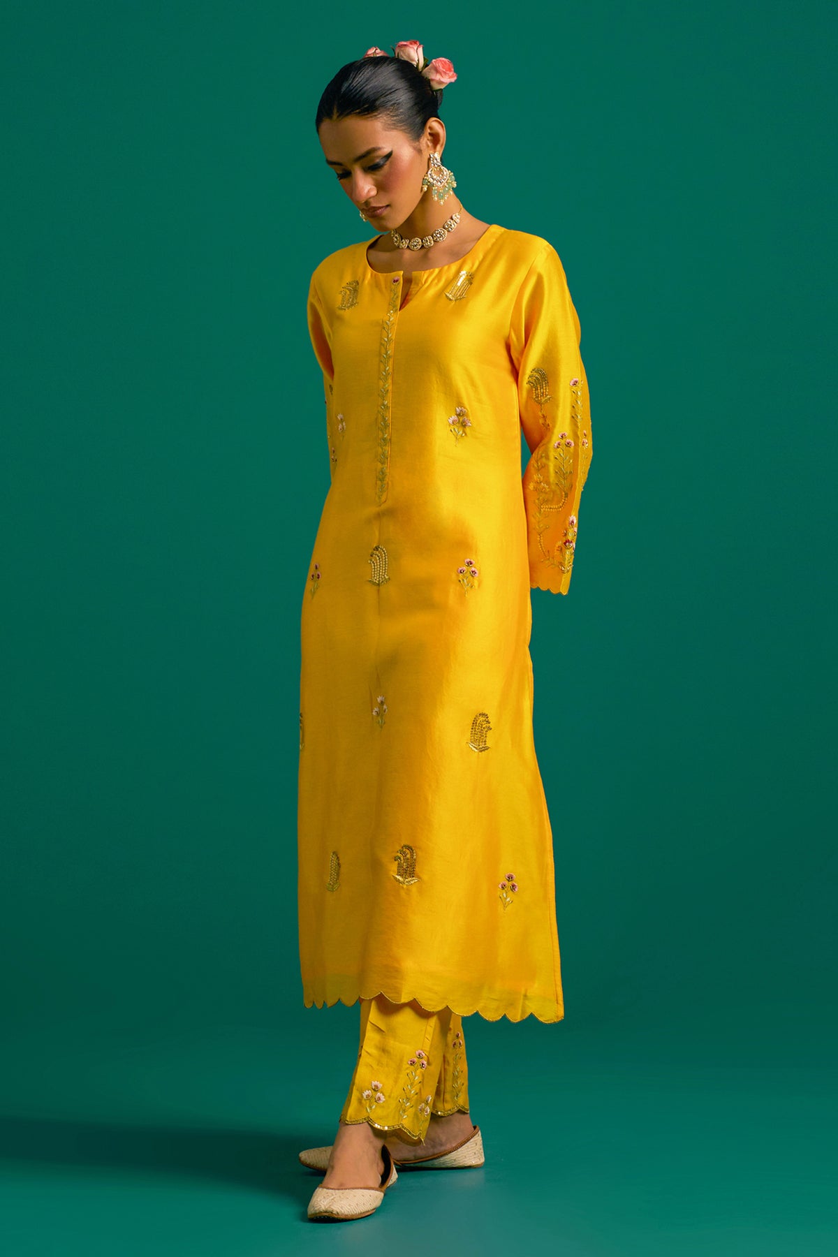 Yellow Silk Chanderi Kurta Set With Wine Dupatta