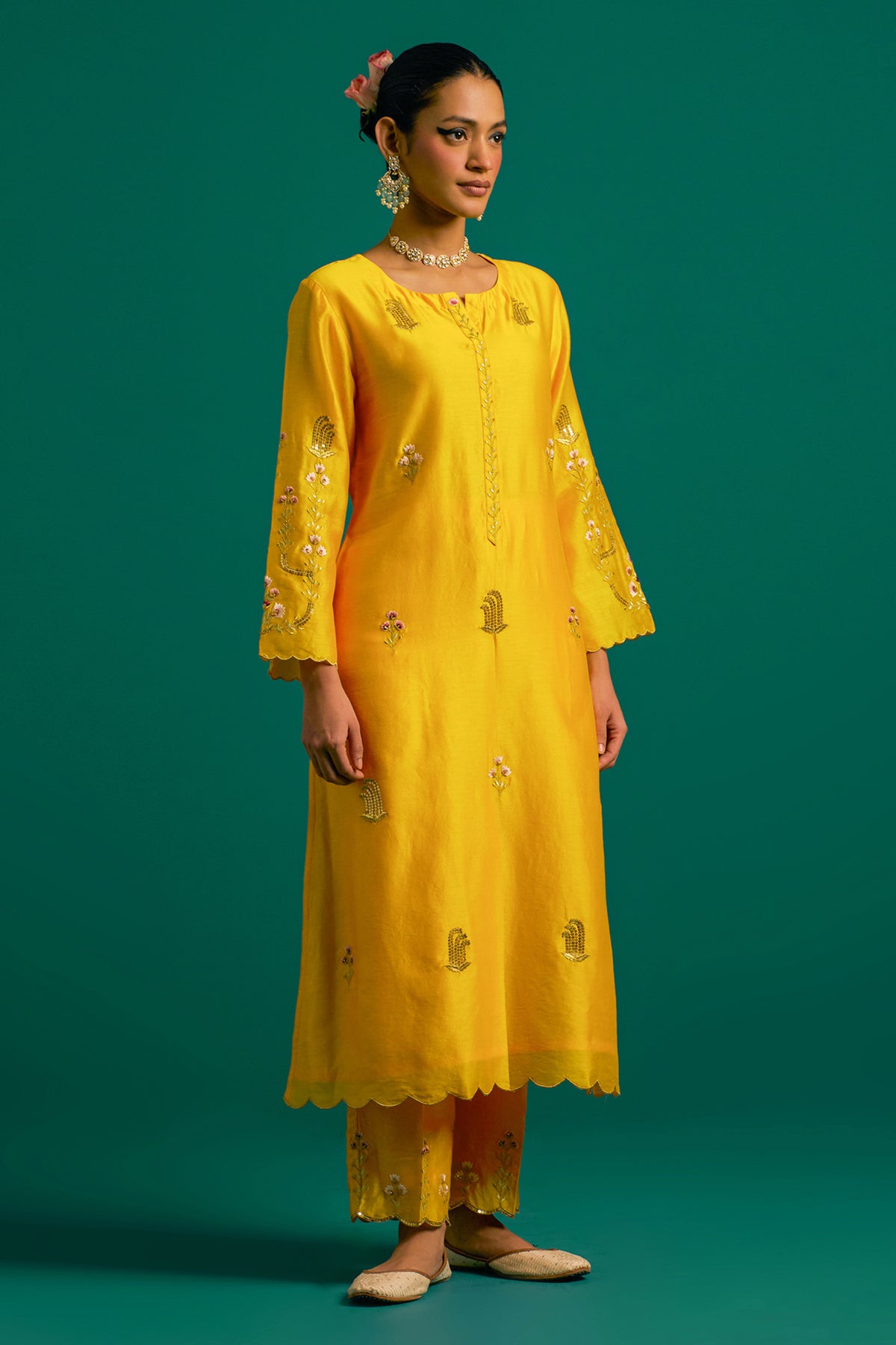 Yellow Silk Chanderi Kurta Set With Wine Dupatta