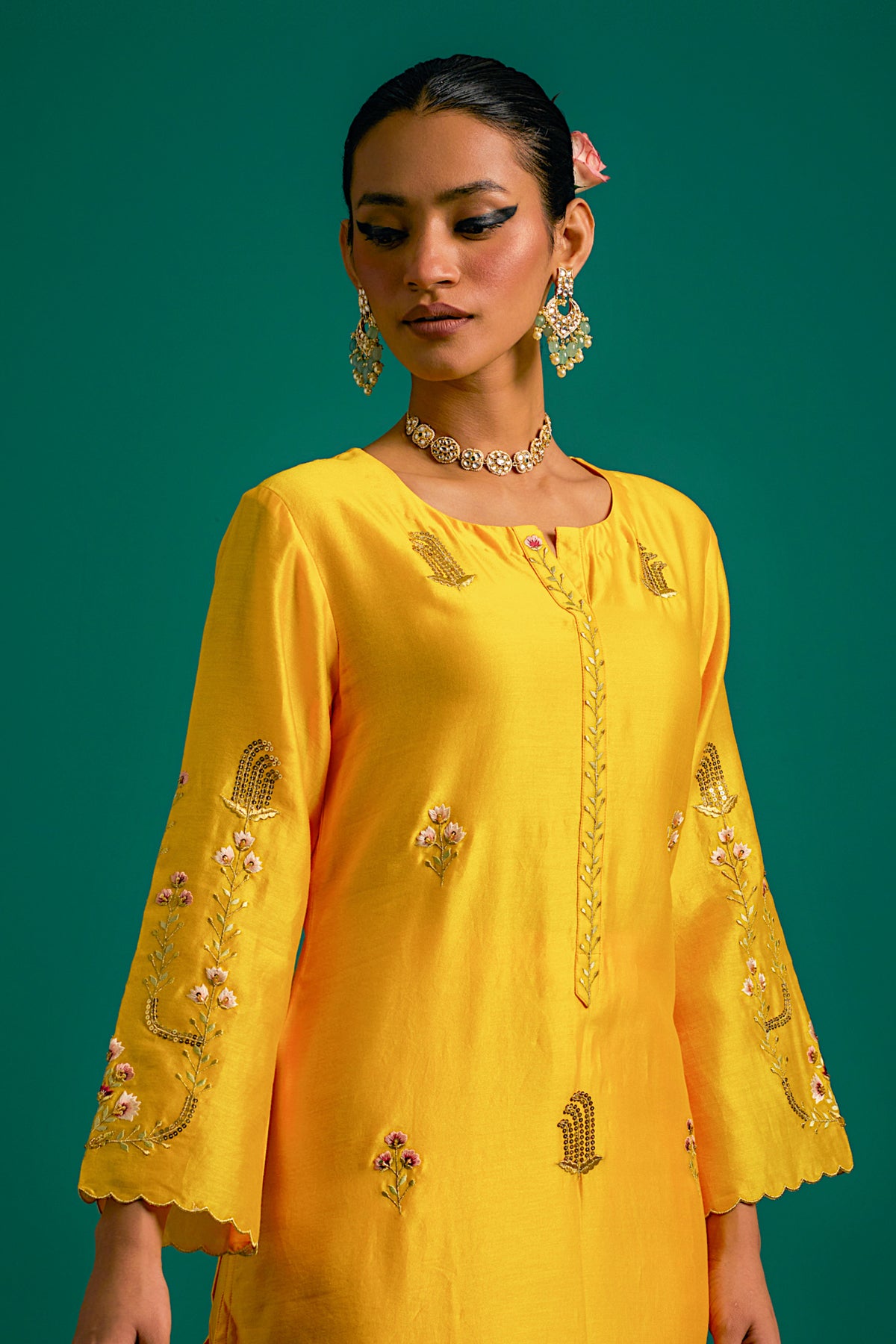 Yellow Silk Chanderi Kurta Set With Wine Dupatta