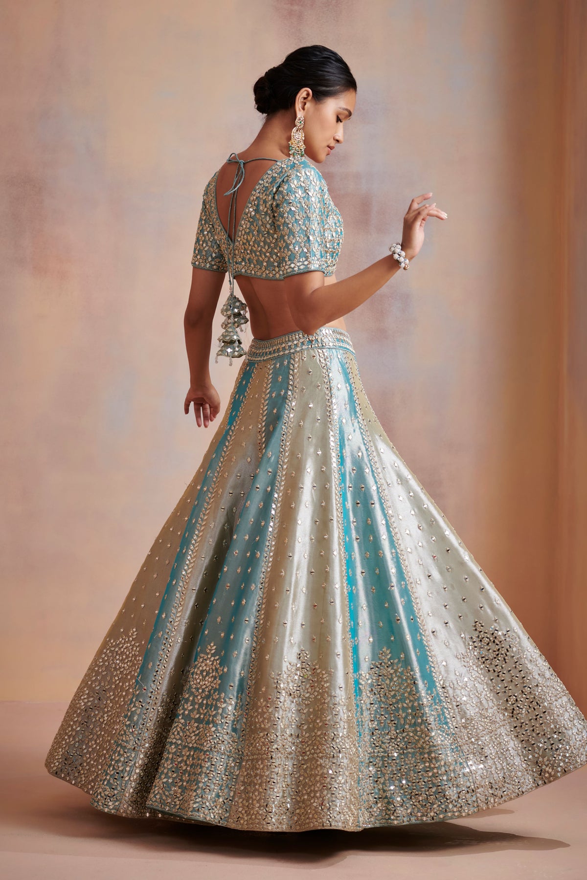 Turquoise ivory tissue lehenga set