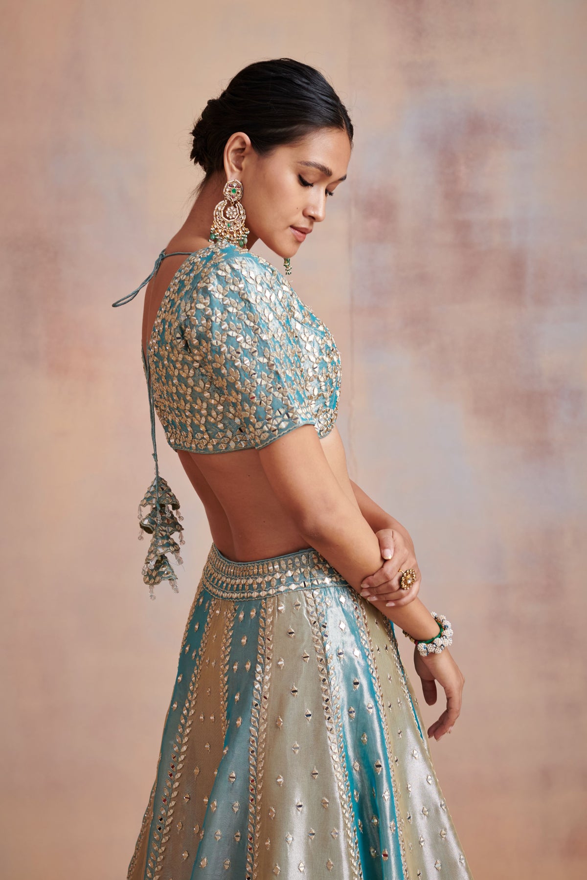 Turquoise ivory tissue lehenga set