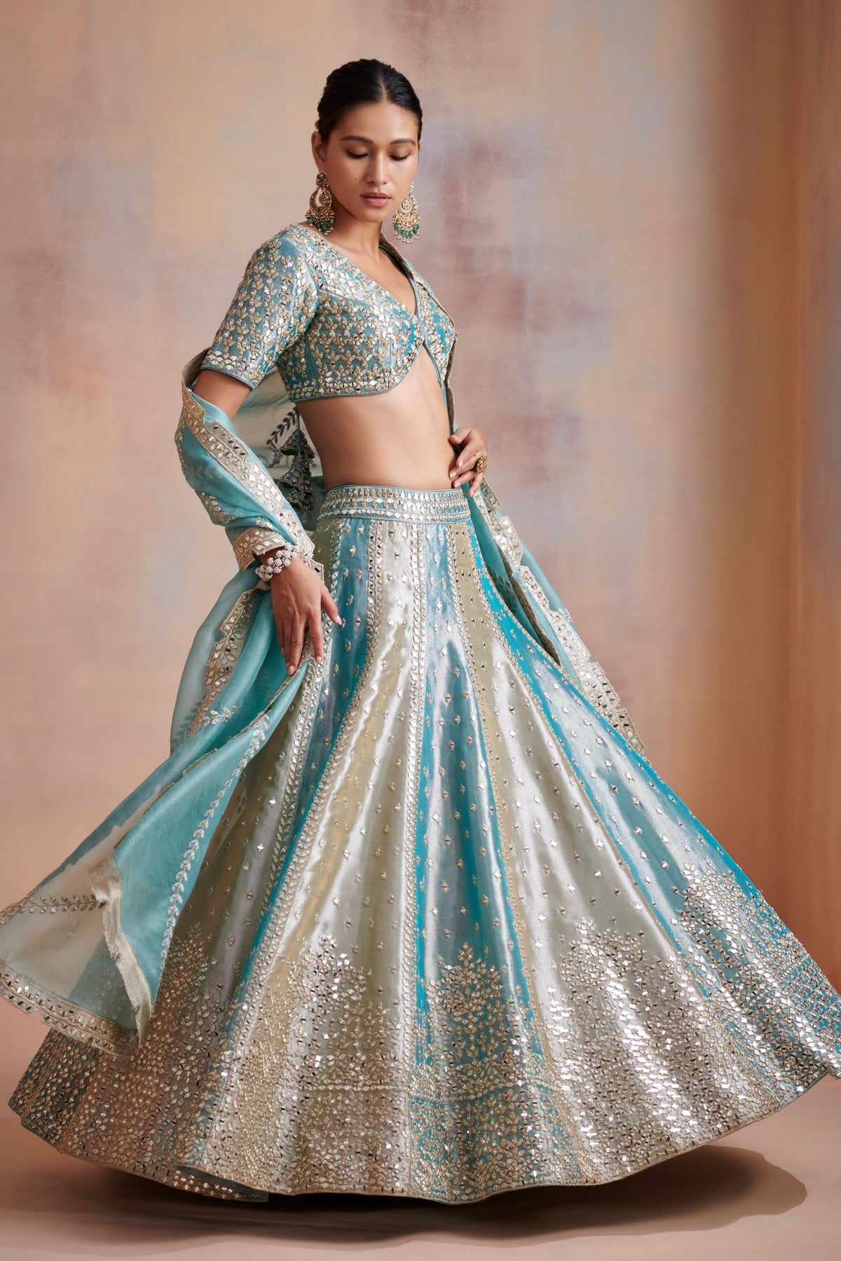 Turquoise ivory tissue lehenga set