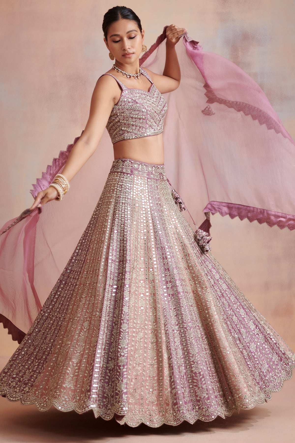 Plum and old rose dual color slub silk lehenga set