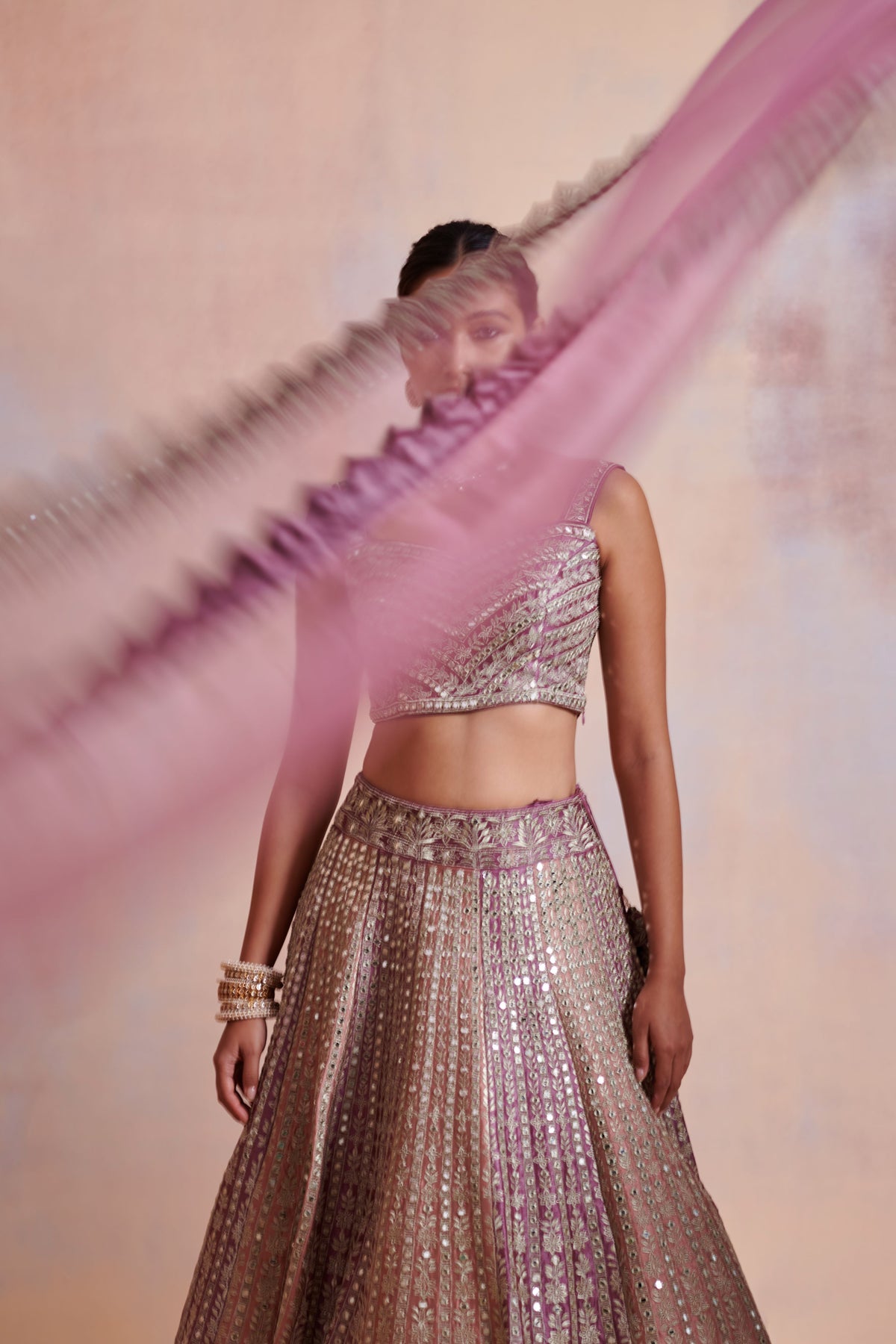 Plum and old rose dual color slub silk lehenga set