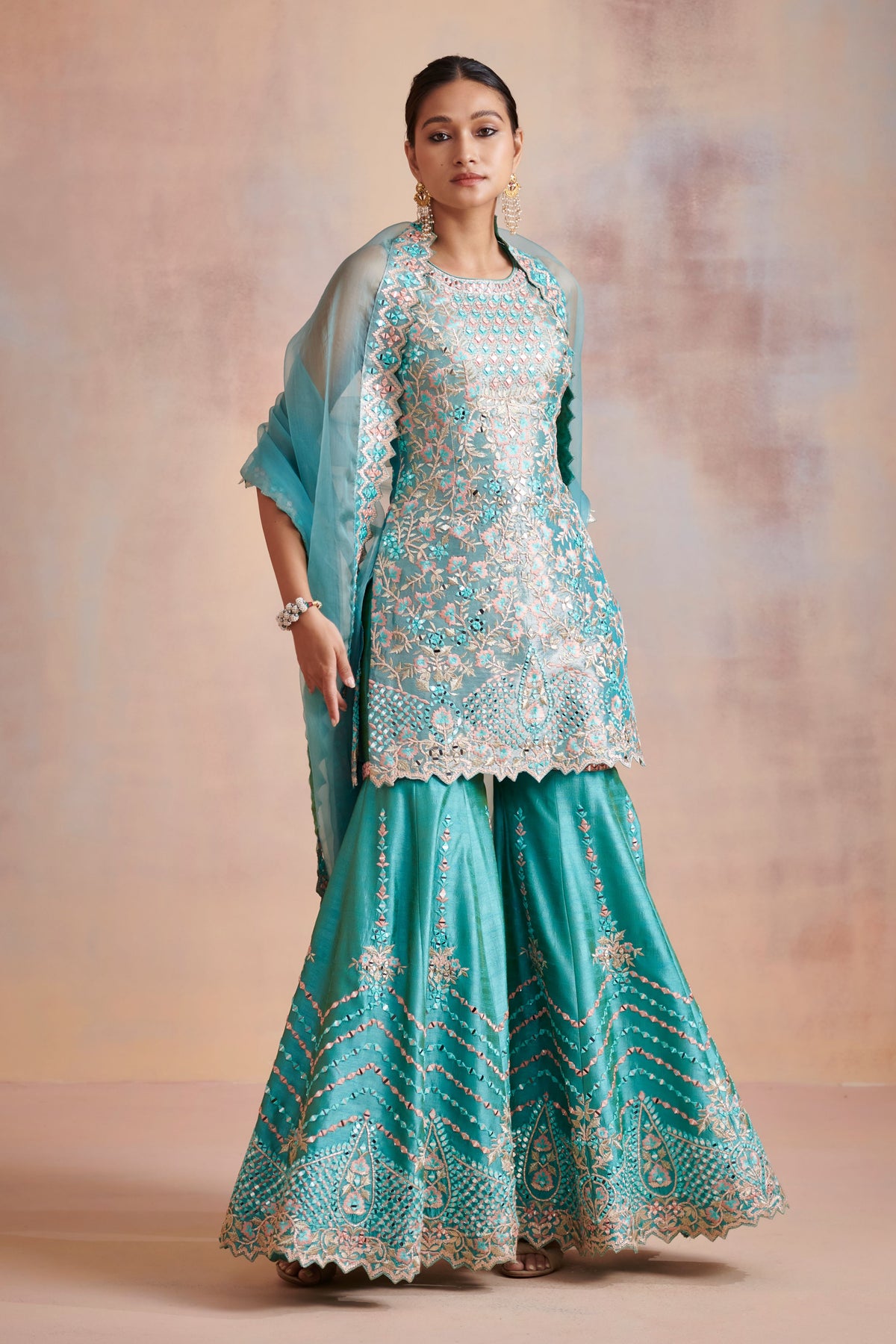 Turquoise tissue kurta set