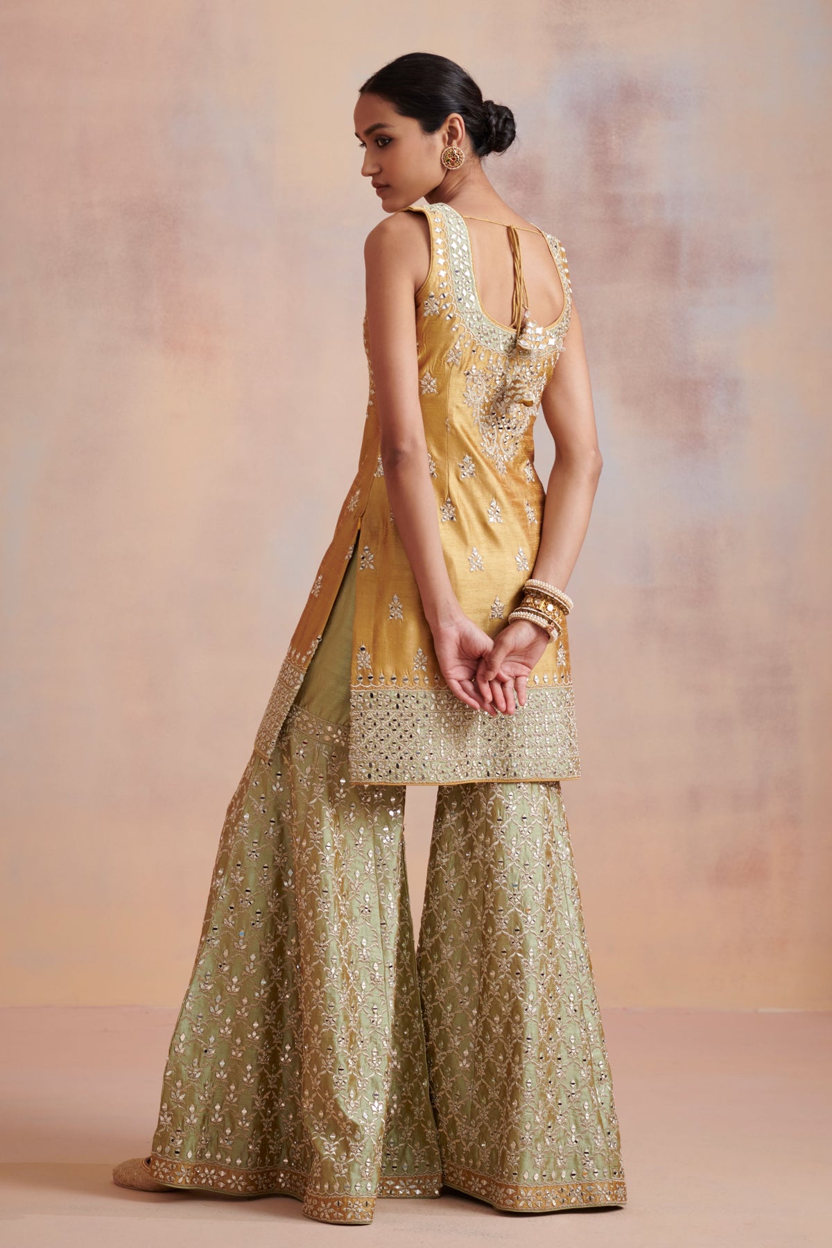 Mustard and sage green slub silk kurta set