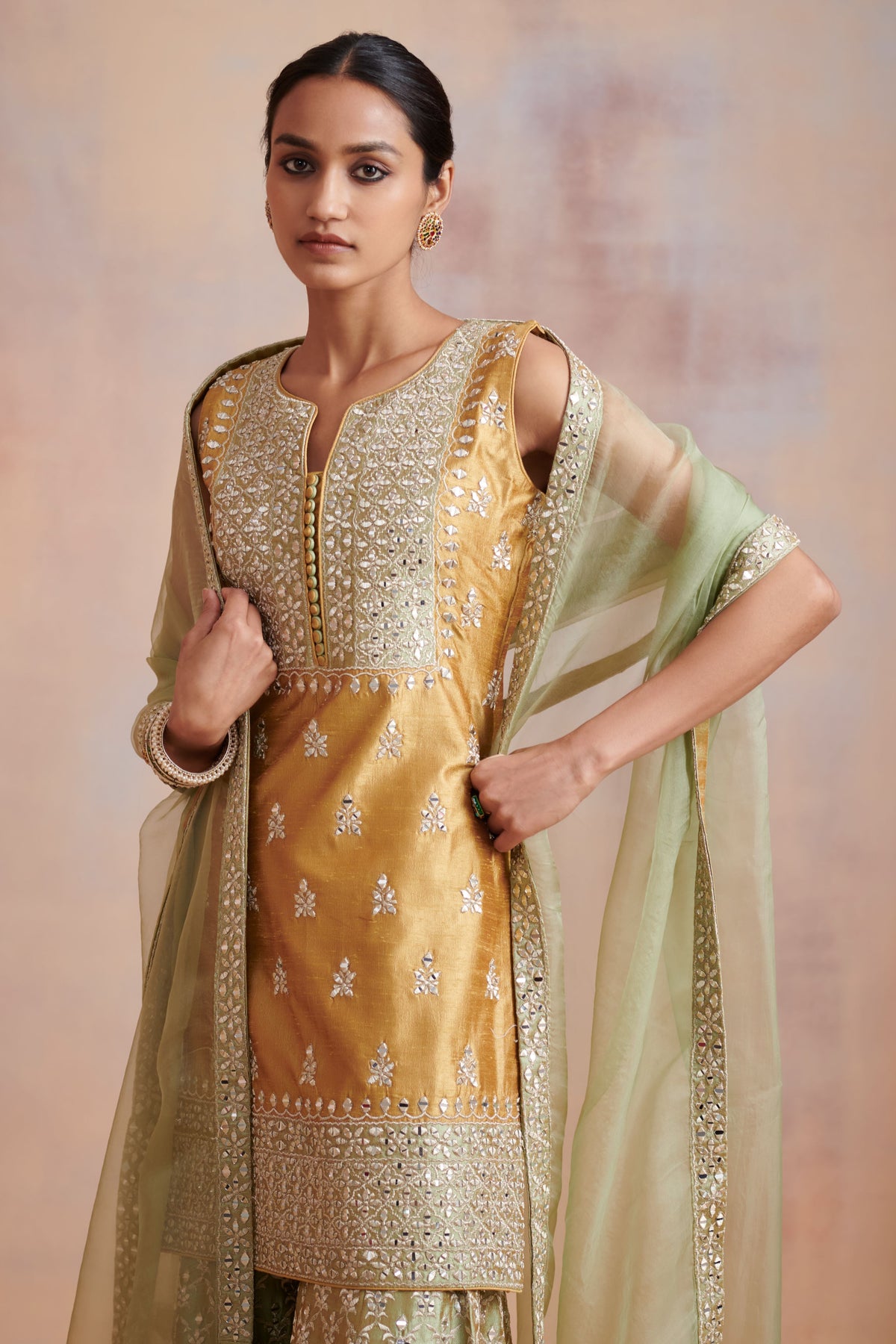 Mustard and sage green slub silk kurta set