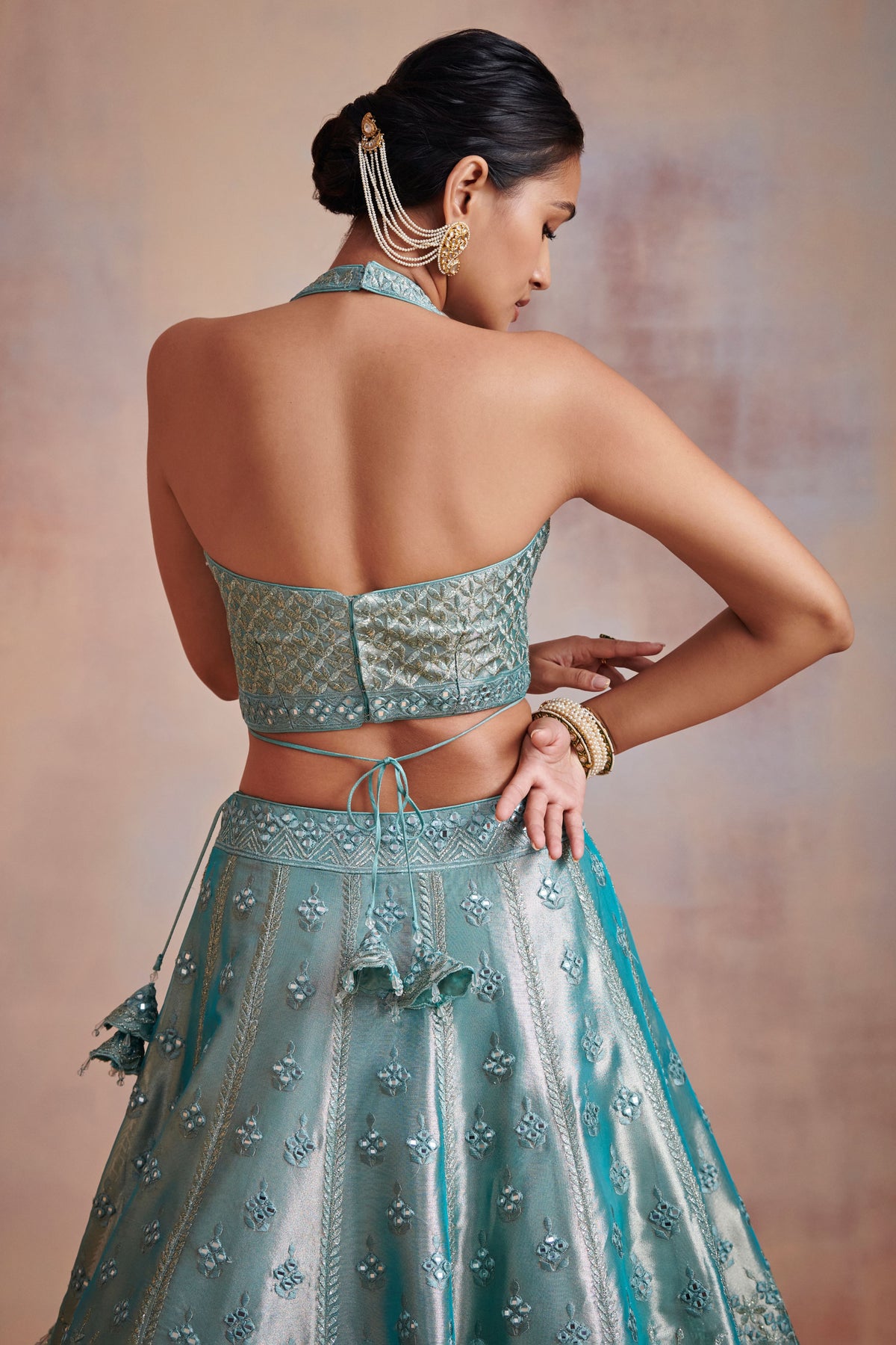 Turquoise tissue lehenga set