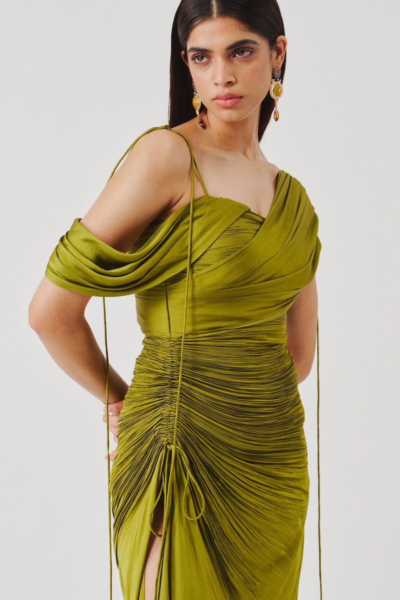 Olive Ruched Dress - Aroka - Elahe