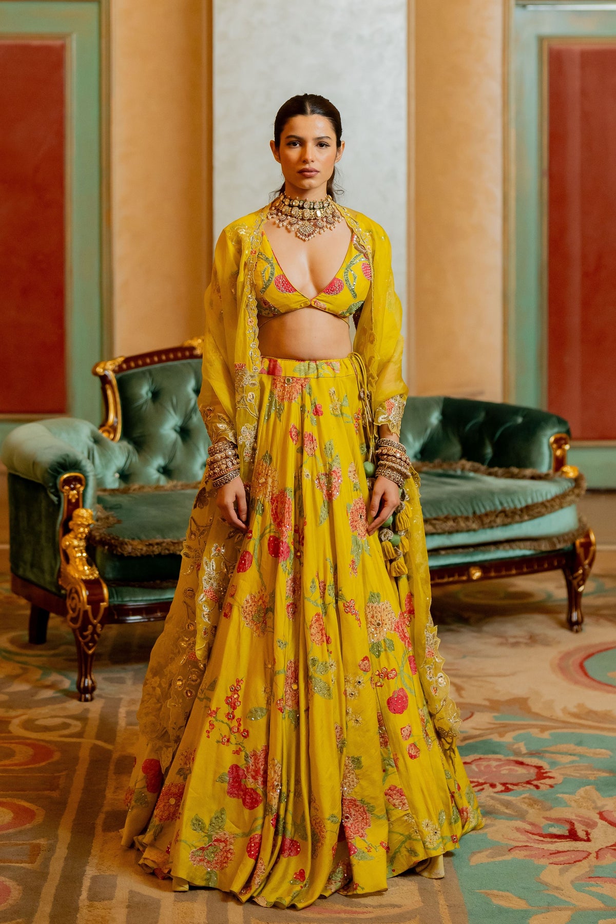 Yellow Floral Printed Lehenga Set