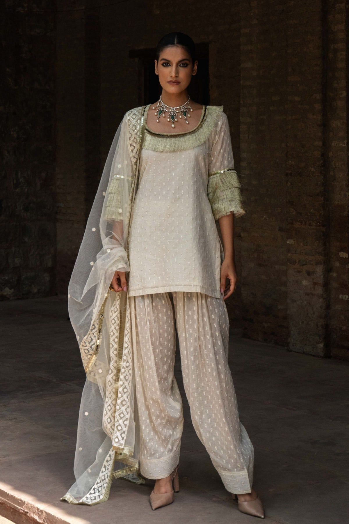 Off White Fringe Sharara Set