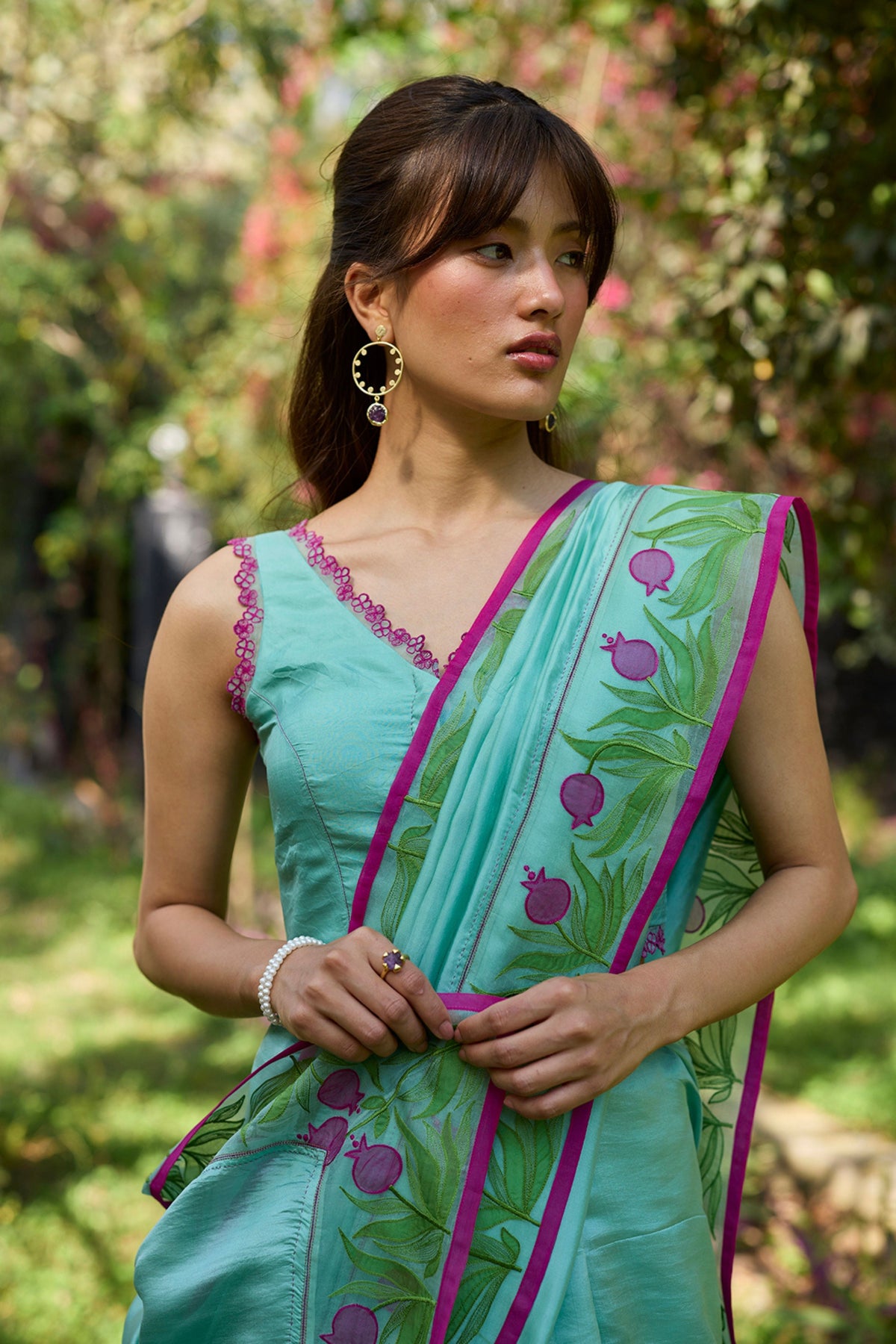 Pomegranate Trail Blue Embroidered Saree