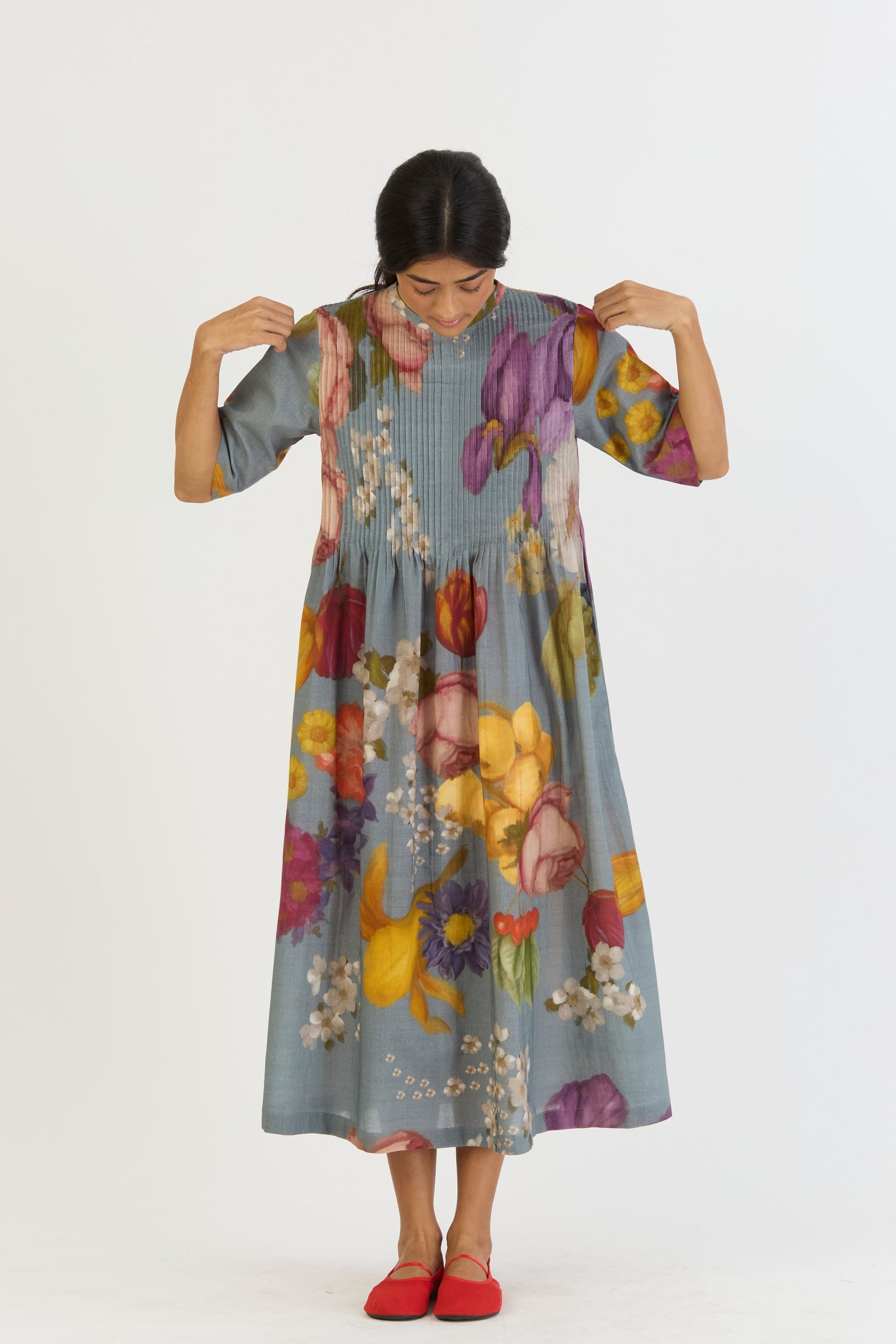 Yam India Indigo Rose Pintucks Dress Elahe