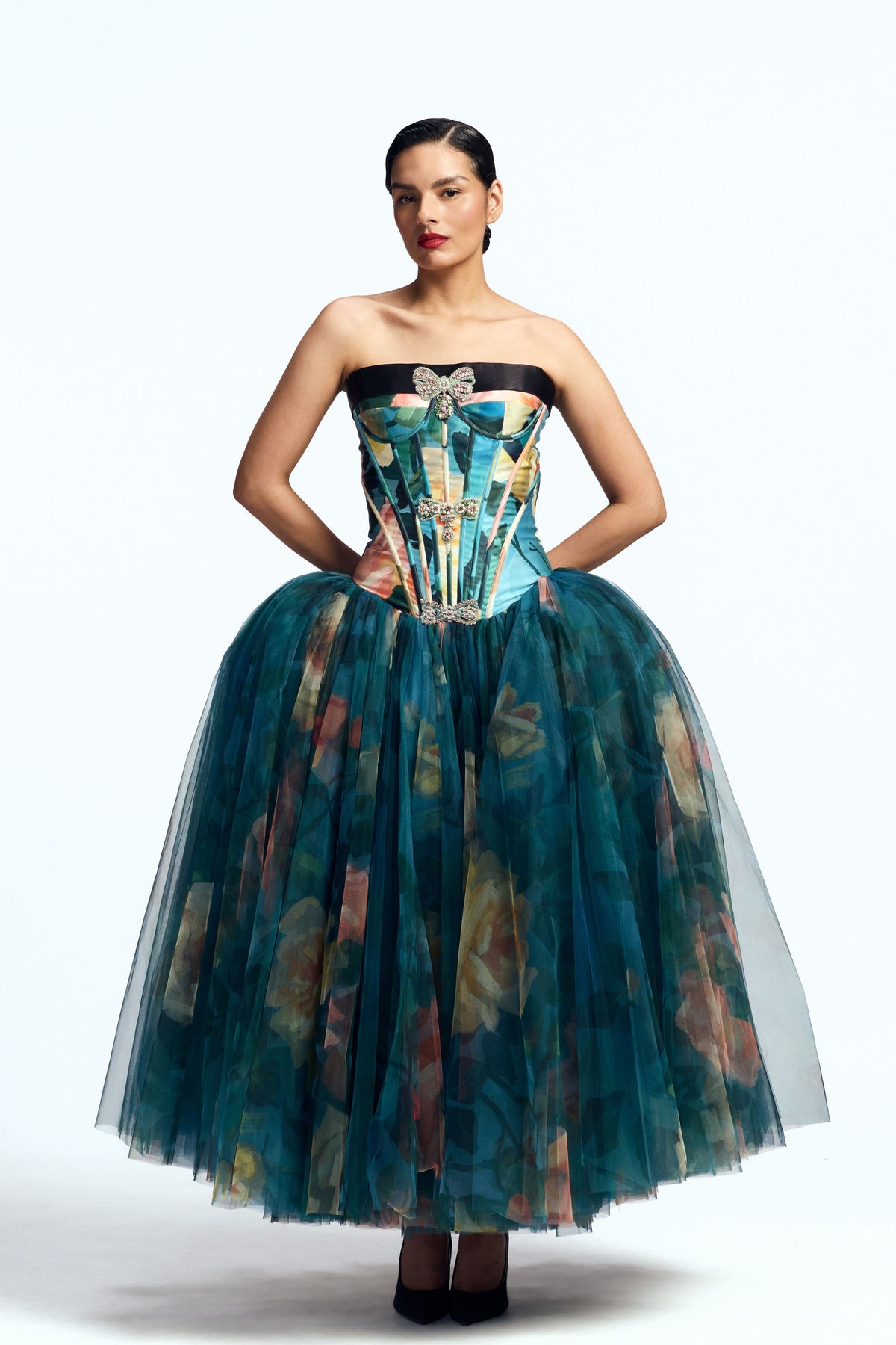 Corseted Dress With Crystal Bow
