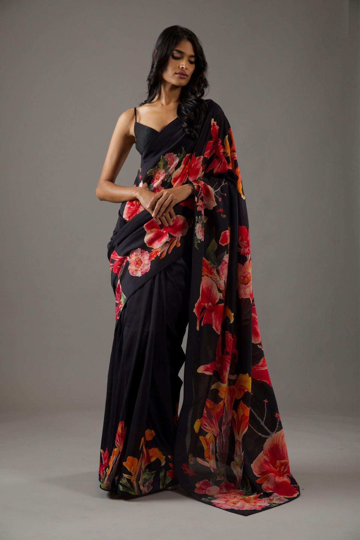 Digital Print Black Chanderi Saree