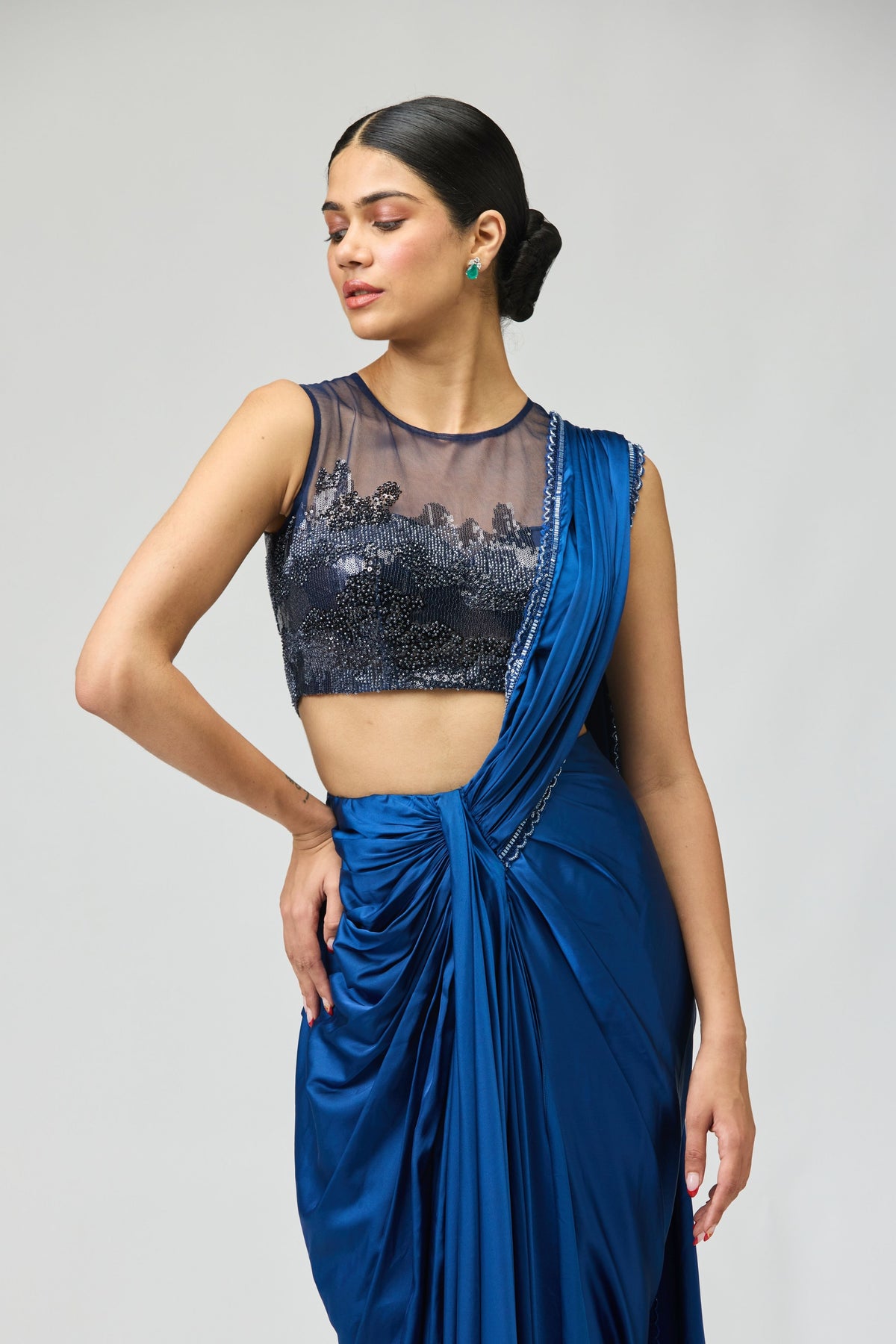 Navy Armani Satin Saree Set