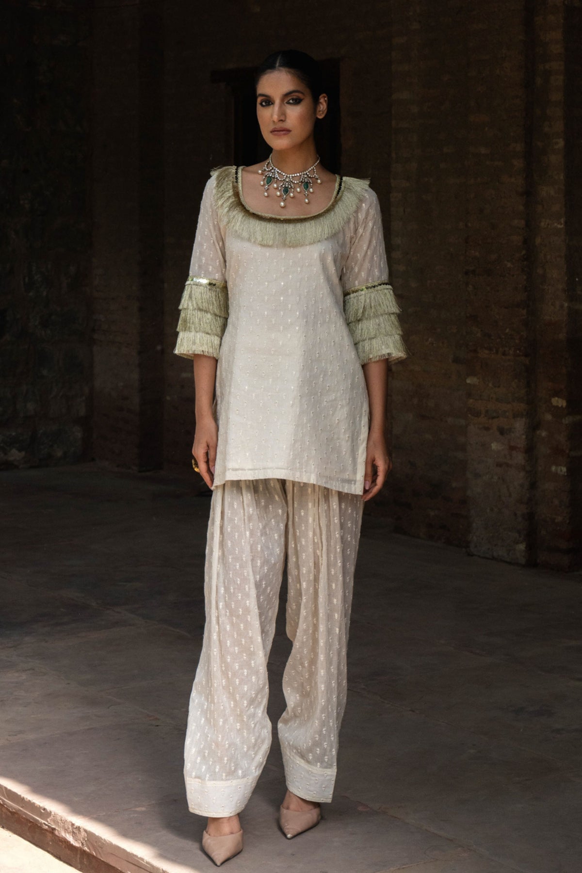 Off White Fringe Sharara Set