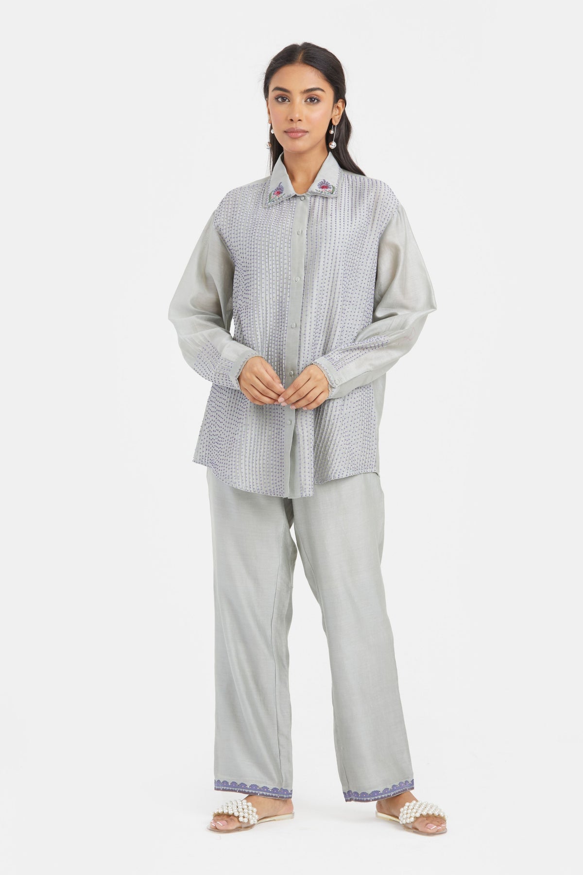 Bluish Grey Chanderi Co-ord Set