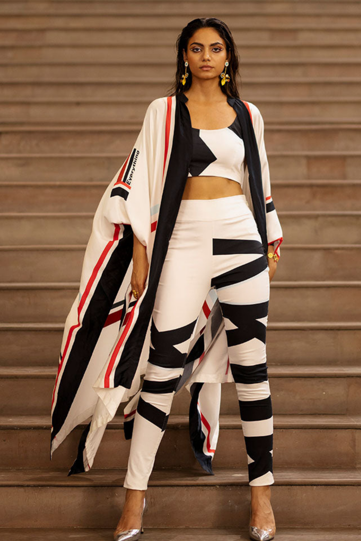 Striper Cape With Crop Top And Pants