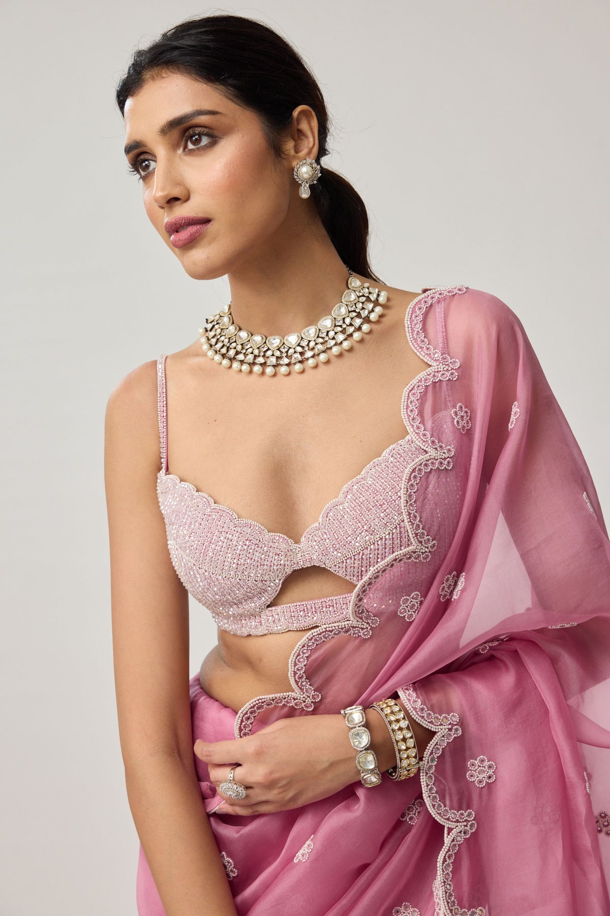 Onion Pink Pearl Saree Set