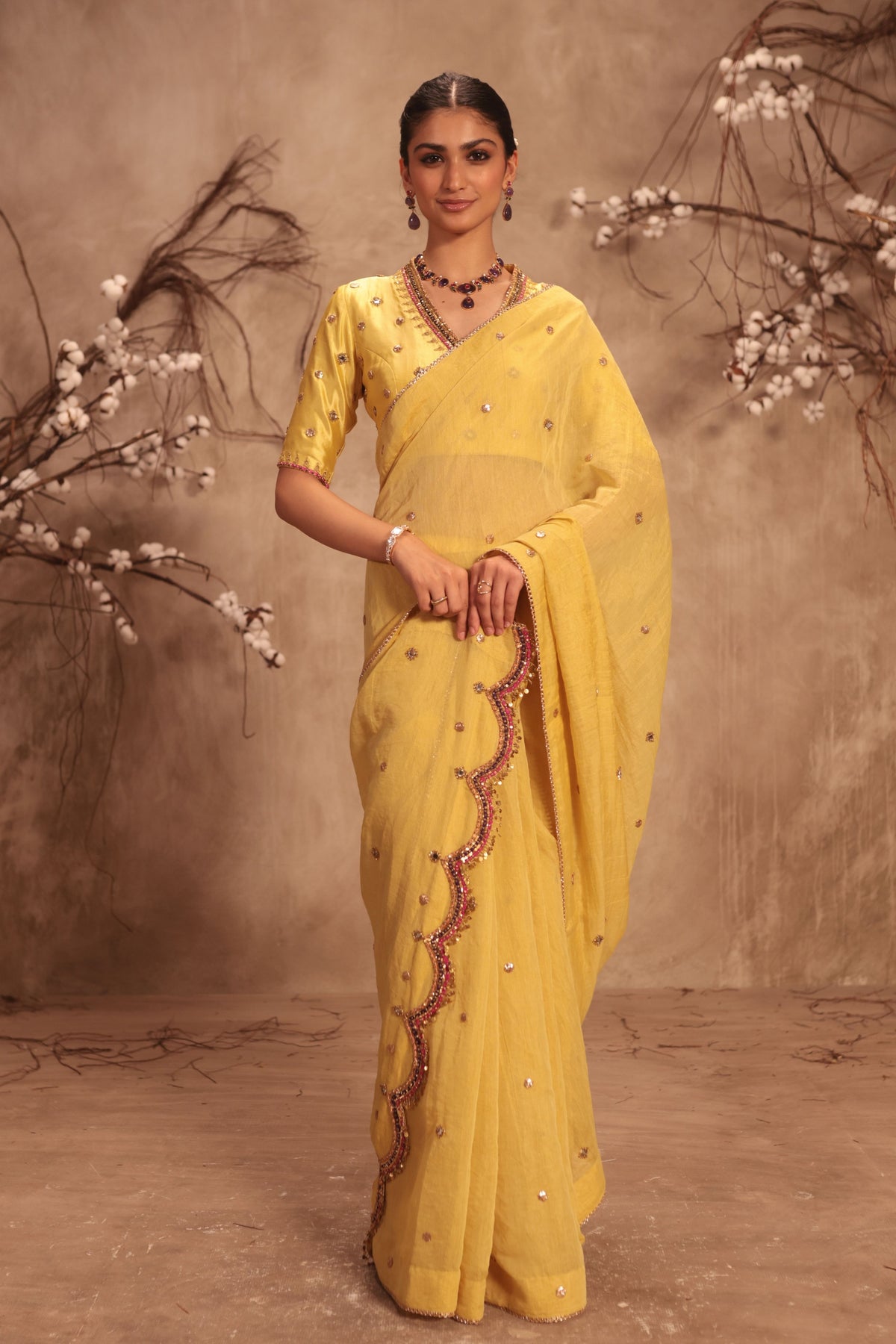 Yellow Scallop Saree Set