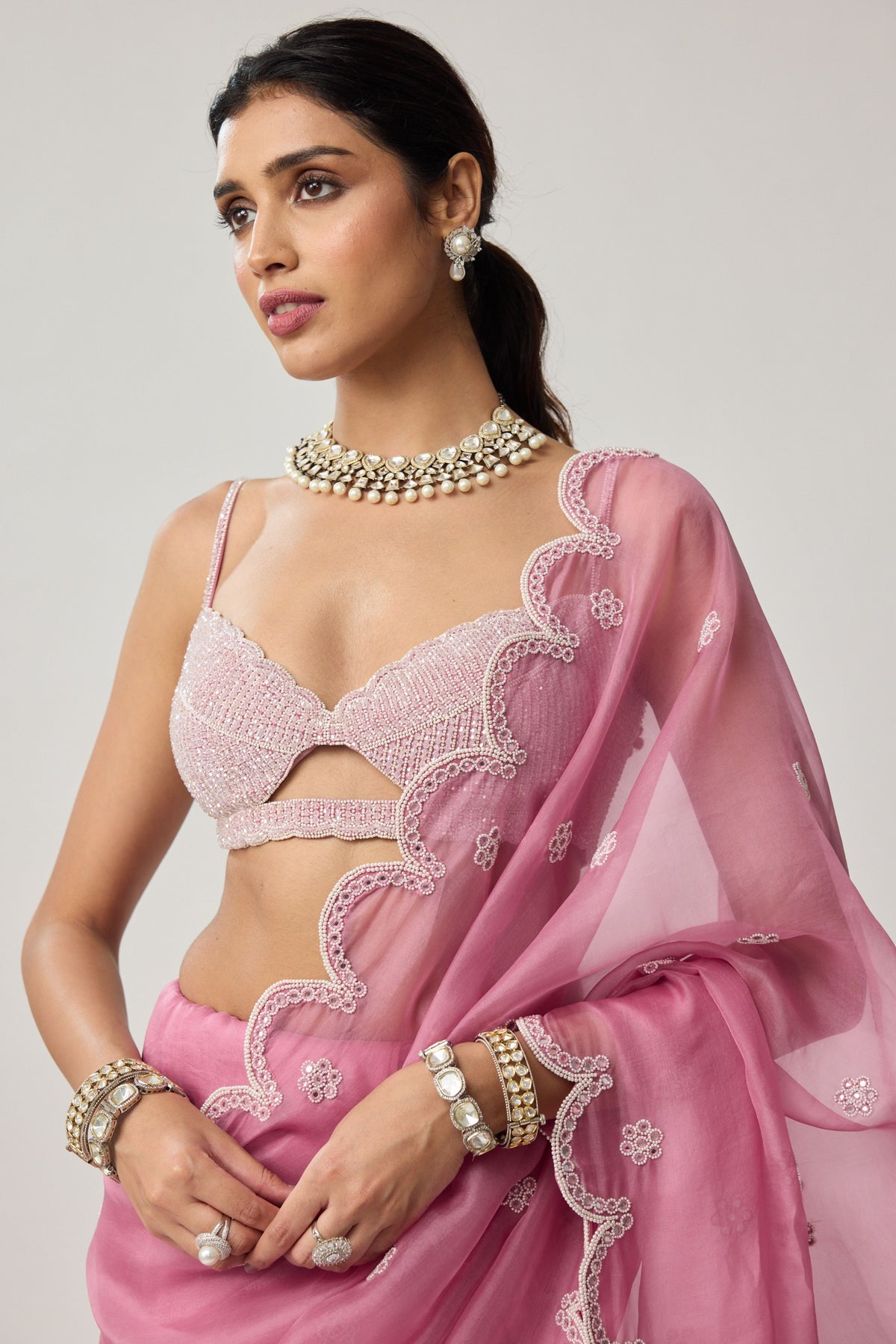 Onion Pink Pearl Saree Set