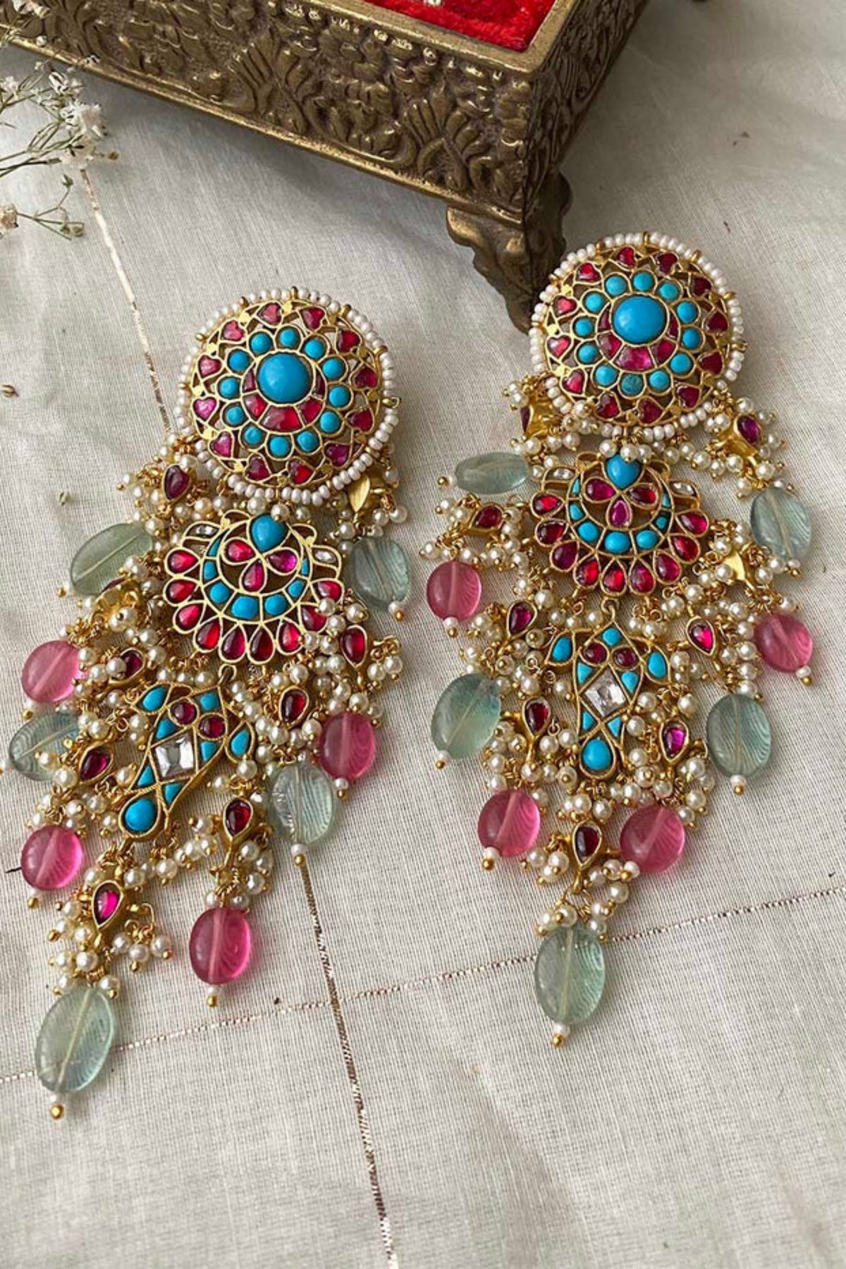 Multicolor Gold Jadau Kundan Earrings