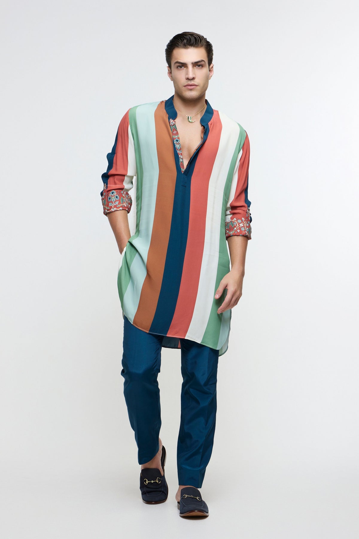 Zayan Multicolour Stripe Rolled Up Kurta