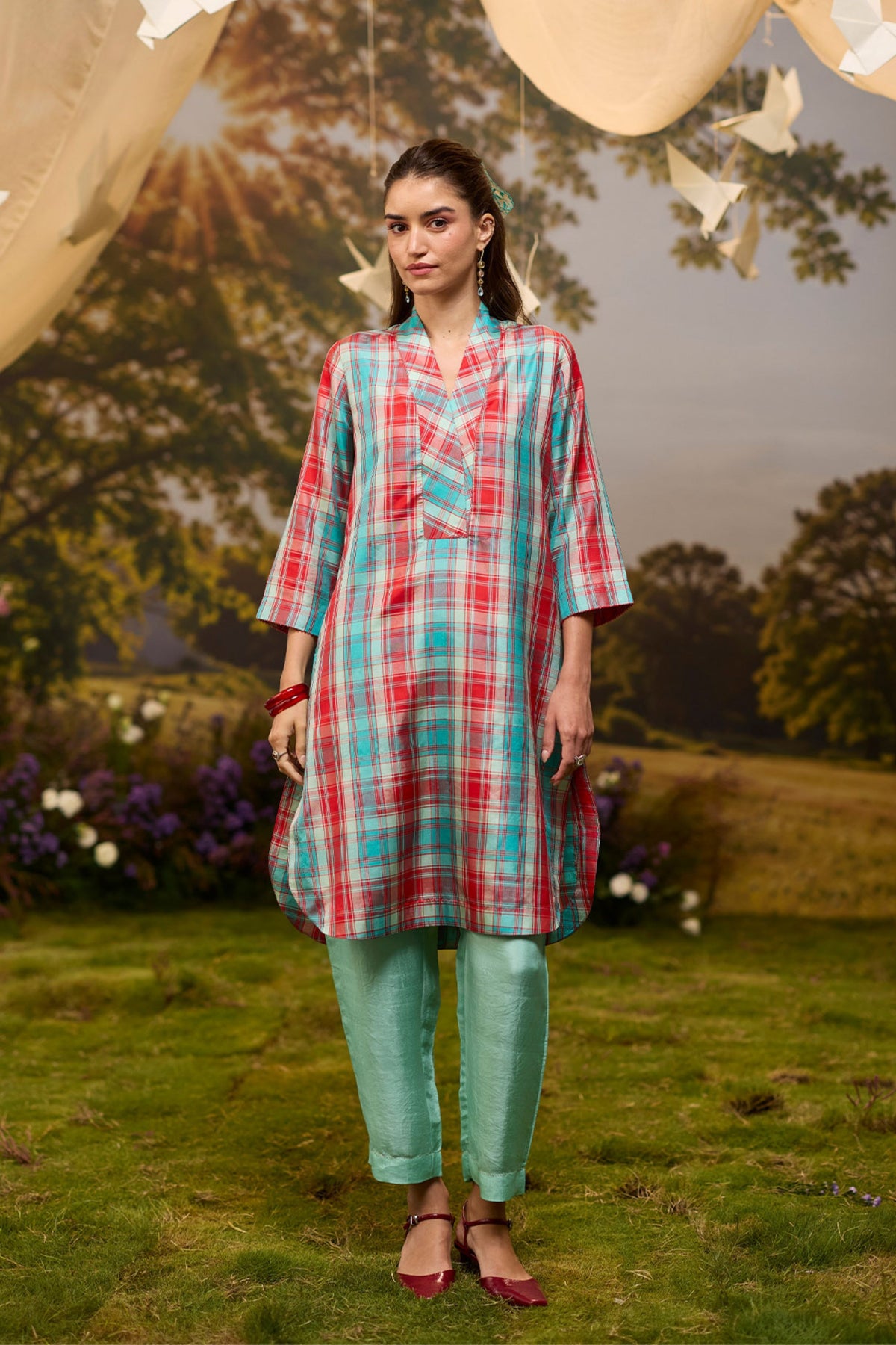 Berry n Sky Checkered Kurta Set