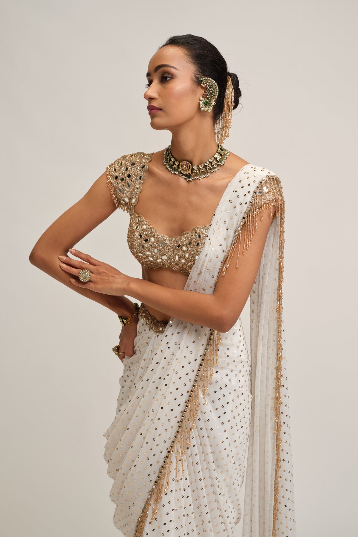 Off White Draped Saree Set
