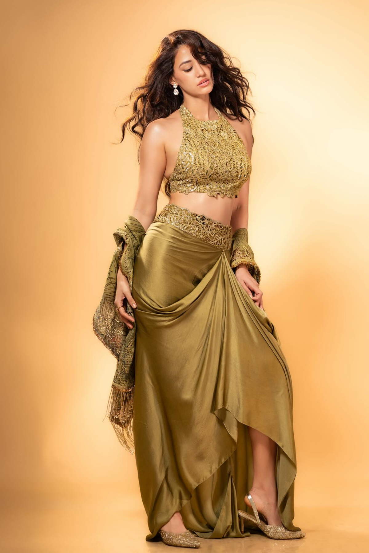 Mustard Kurta With Drape Skirt