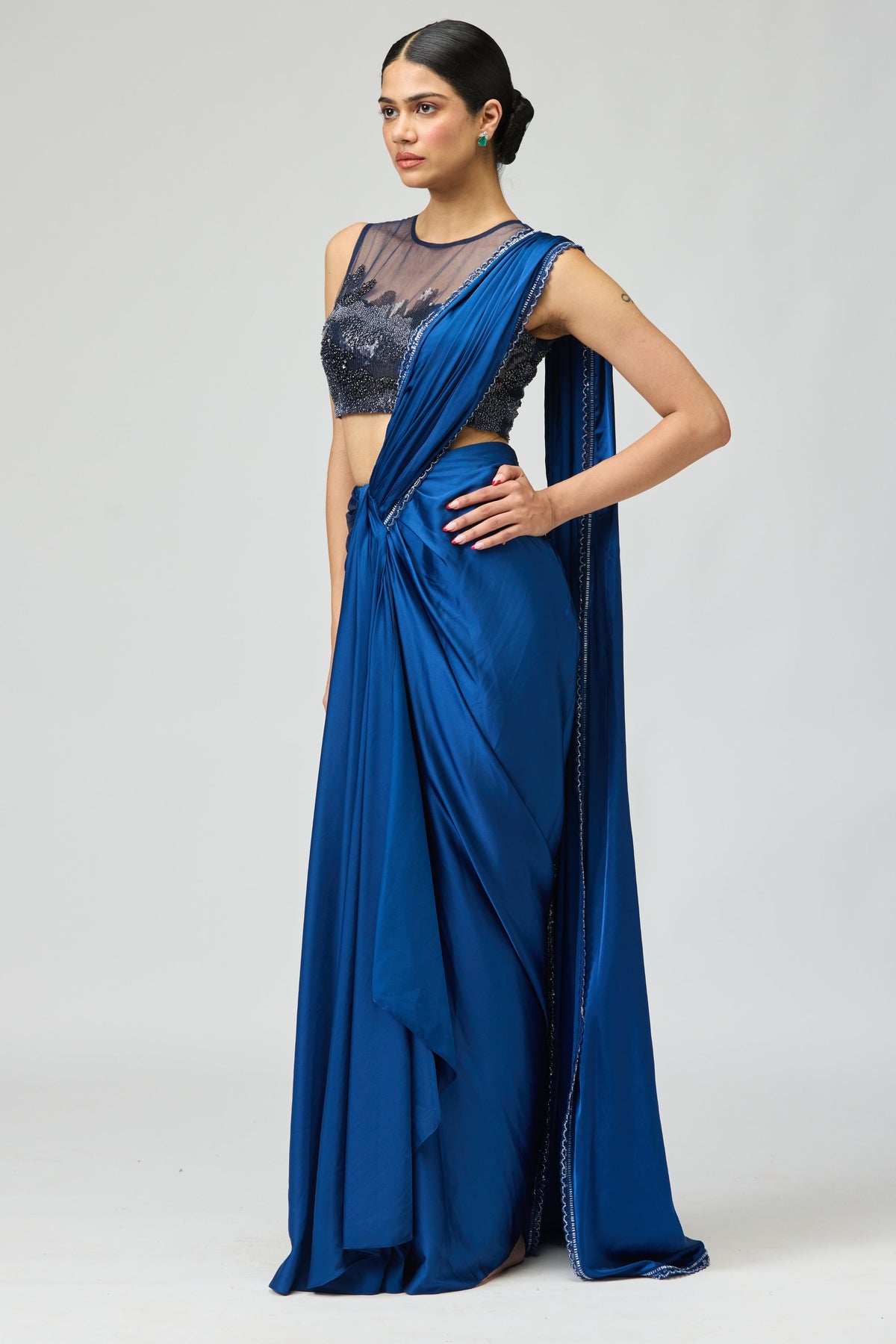 Navy Armani Satin Saree Set