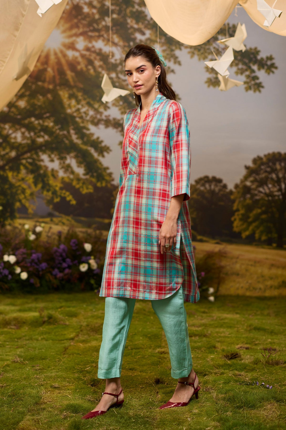 Berry n Sky Checkered Kurta Set