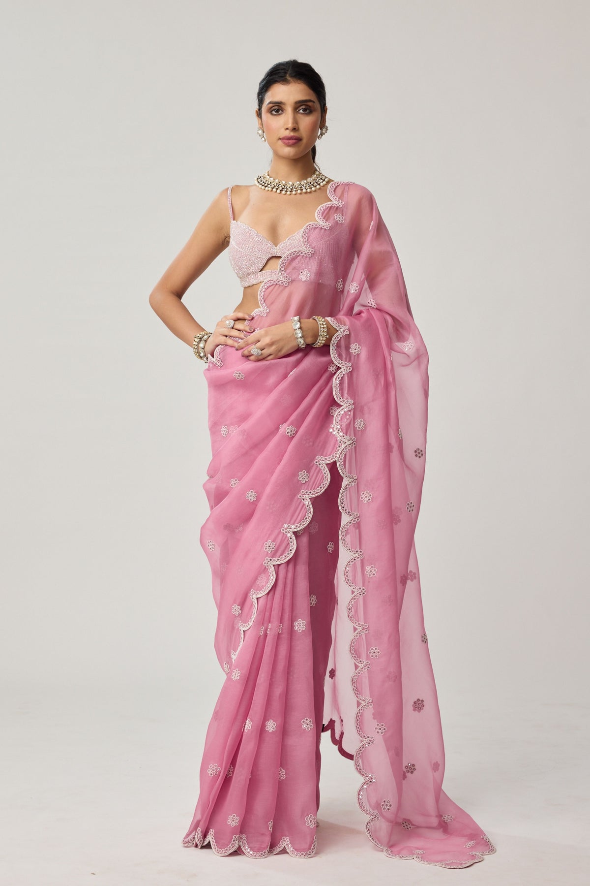 Onion Pink Pearl Saree Set