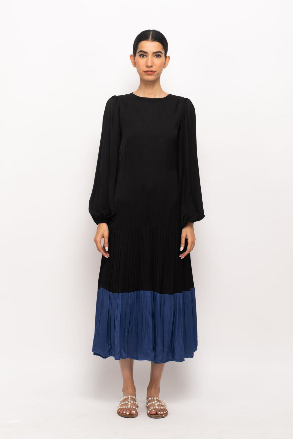 Black and Blue Gather Maxi Dress