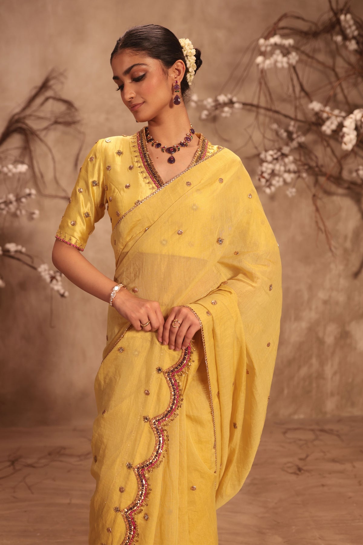 Yellow Scallop Saree Set